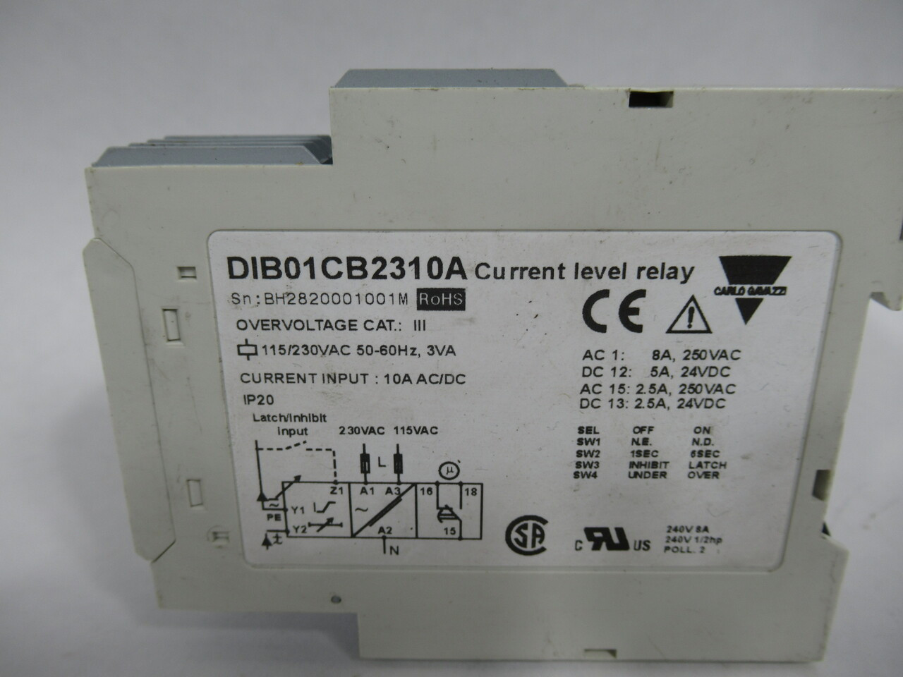 Carlo Gavazzi DIB01CB2310A Current Level Relay 115/230VAC 50/60Hz 3VA USED