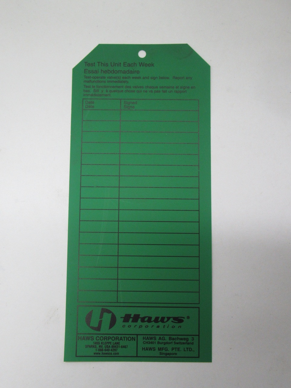 Haws SP170 Green Tags w/Zip Tie "Test This Unit Each Week" Lot of 19 NWB