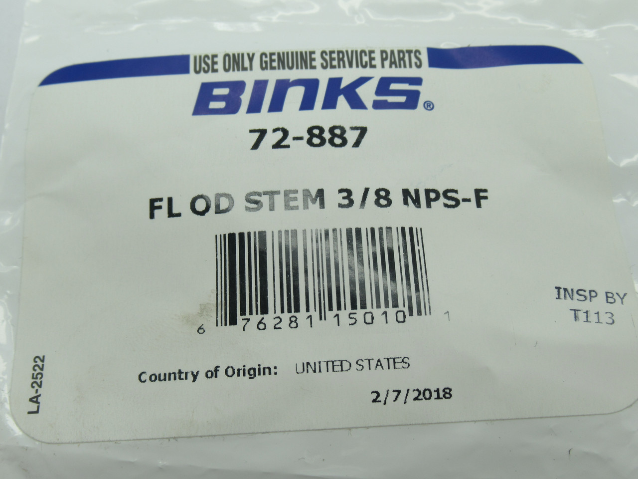 Binks 72-887 FL OD STEM 3/8 NPS-F *Damaged Bag* NWB