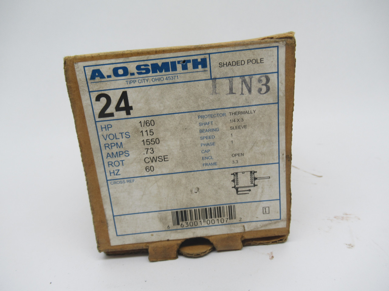 A.O.Smith 24 1/60HP 1550RPM 115V 3.3 Open 1PH .73A 60Hz Model JA2C412N# NEW