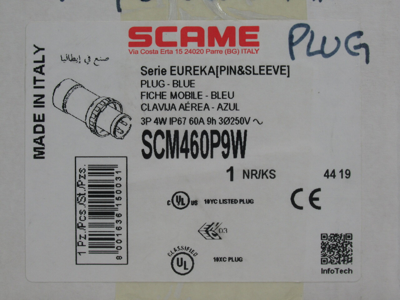 Scame SCM460P9W Eureka Pin & Sleeve Plug 60A 250V 3P 4W SEALED NEW