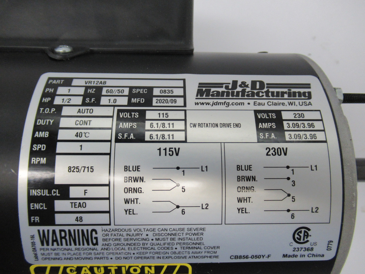 J&D Manufacturing 1/2HP 825/715RPM 115V 48 TEAO 1Ph 6.1/8.11A 60/50Hz NOP