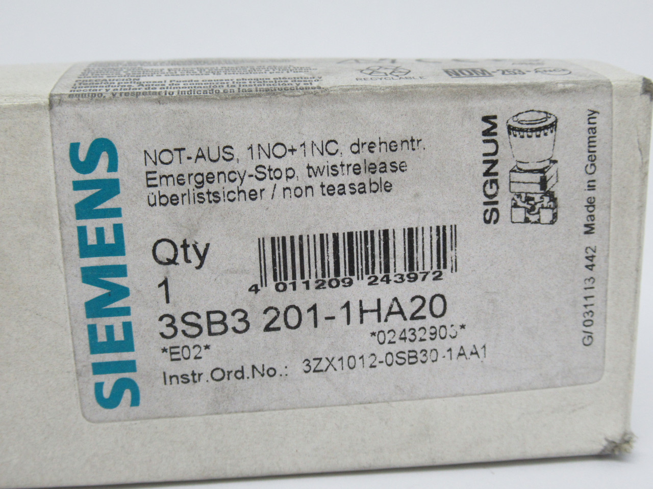 Siemens 3SB3201-1HA20 Emergency Stop Twist Release Push Button 40mm Red NEW