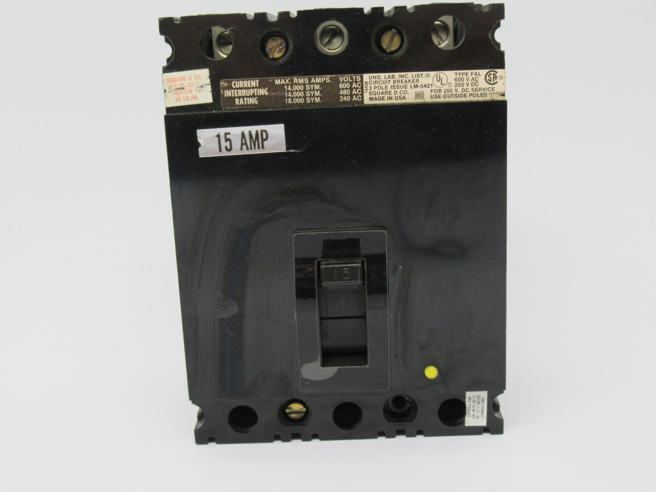 Square D FAL-36015 Circuit Breaker 15Amp 3 Pole 600V USED