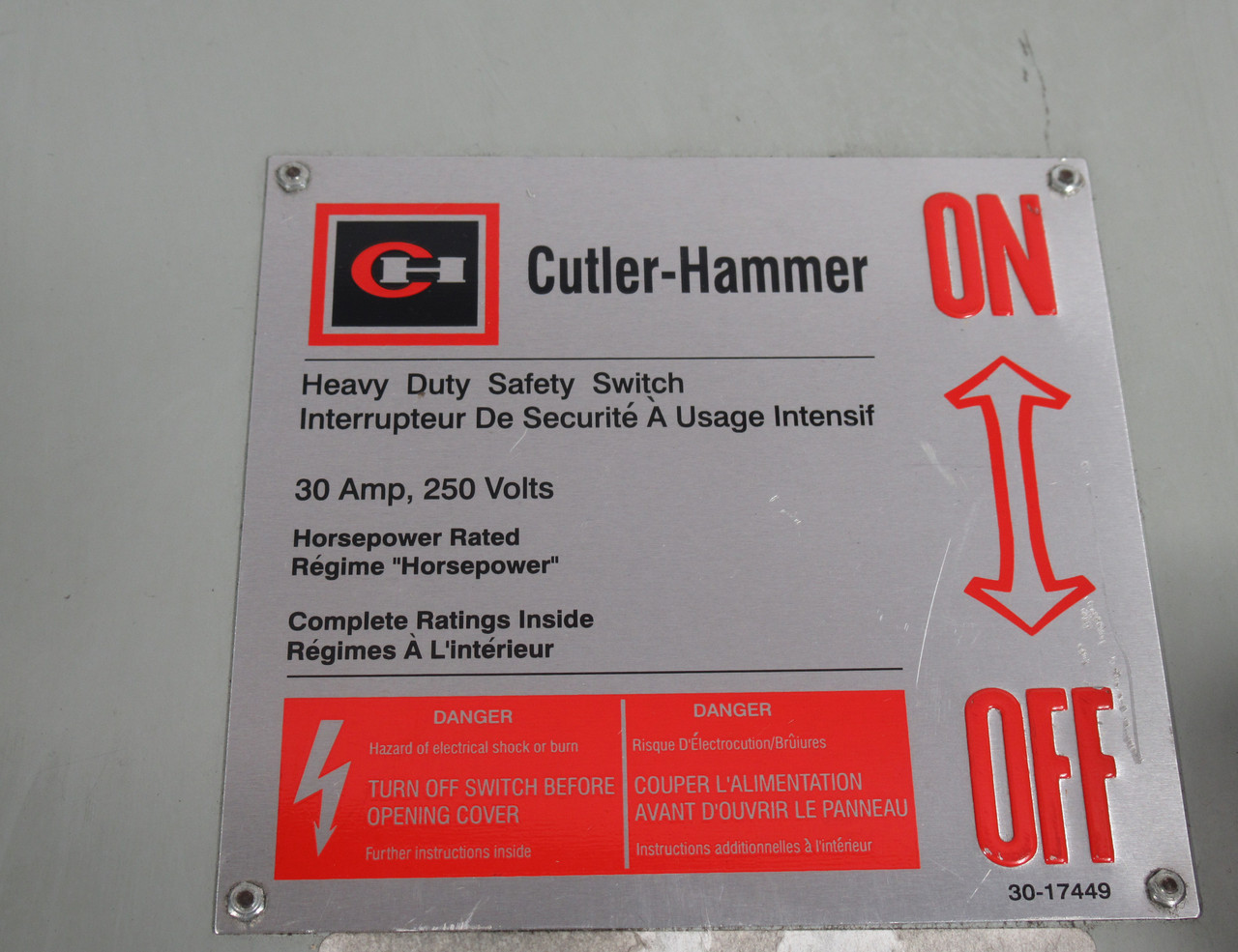 Cutler-Hammer 1HD321N Fusible Switch 30Amp 240V 250VDC USED