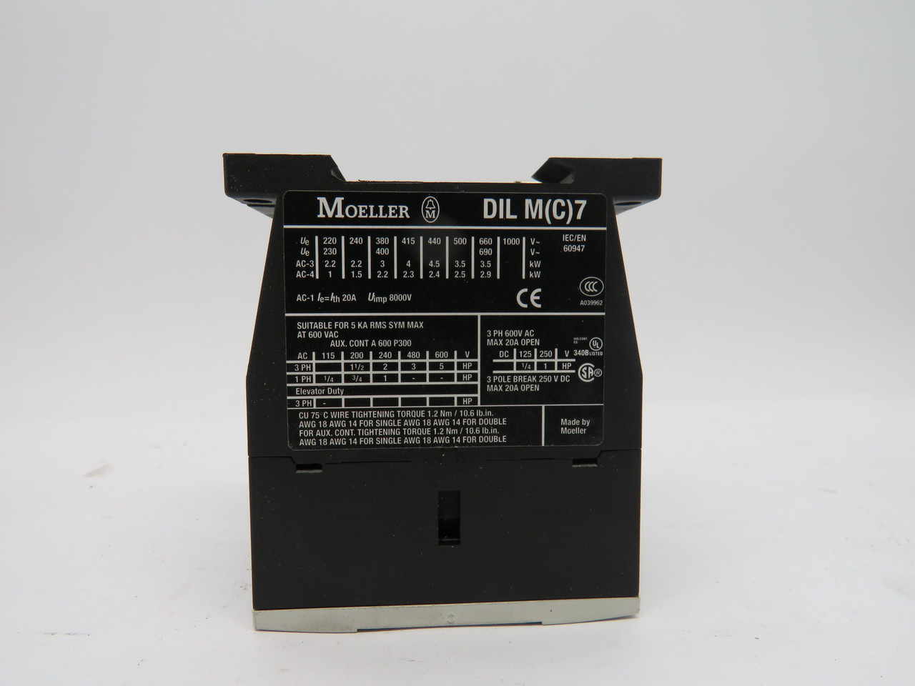 Moeller DILM7-10 Contactor 3-Pole 110/120V 50/60Hz 20A 600VAC USED