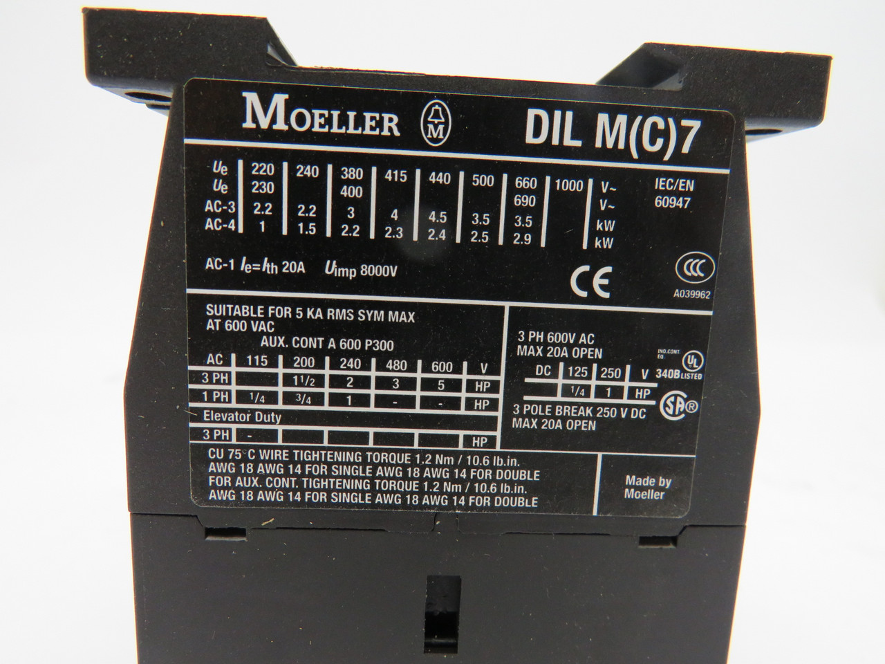 Moeller DILM7-10 Contactor 3-Pole 110/120V 50/60Hz 20A 600VAC USED