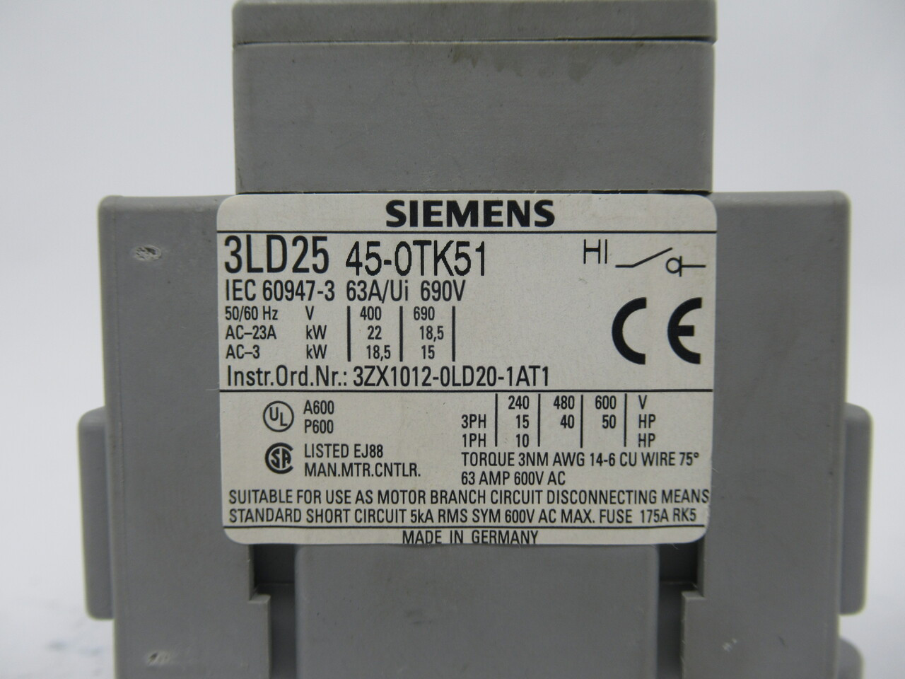 Siemens 3LD2545-0TK51 Disconnect Switch 63A 690V 50/60Hz USED