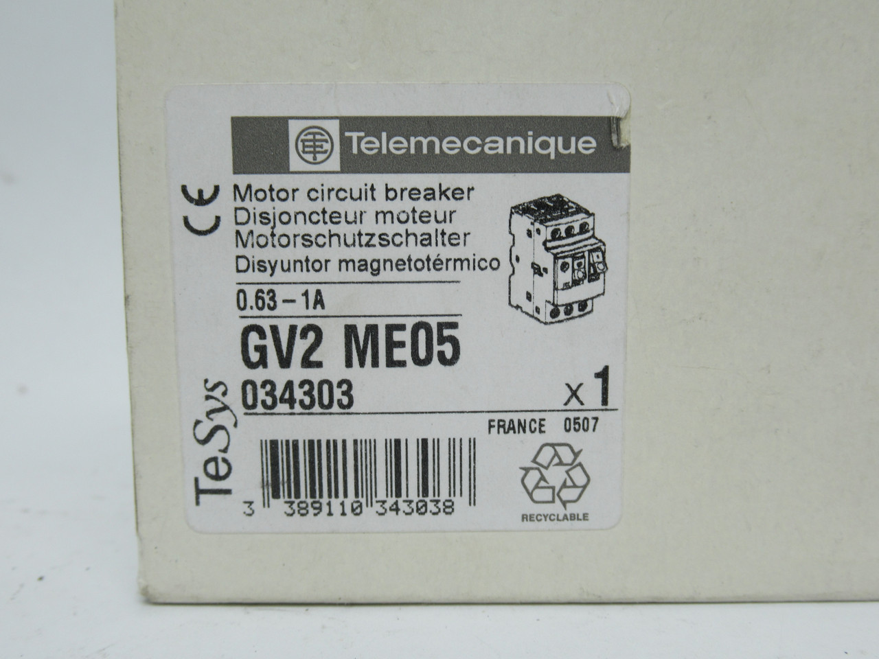 Telemecanique GV2ME05 Motor Circuit Breaker 600V 0.63-1A NEW