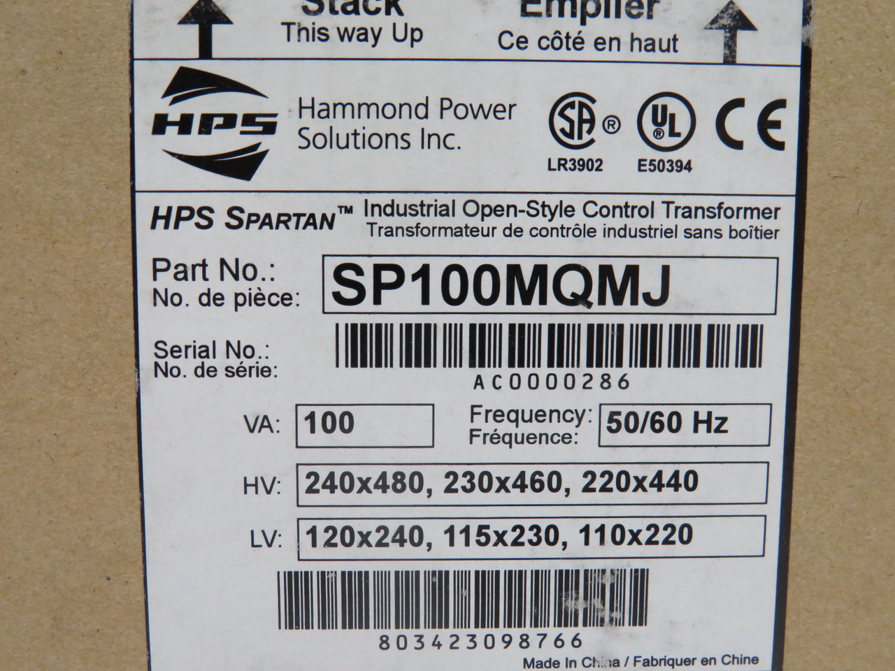 HPS Spartan SP100MQMJ Transformer 100VA Pri 240/480 Sec 120/240V 1Ph NEW