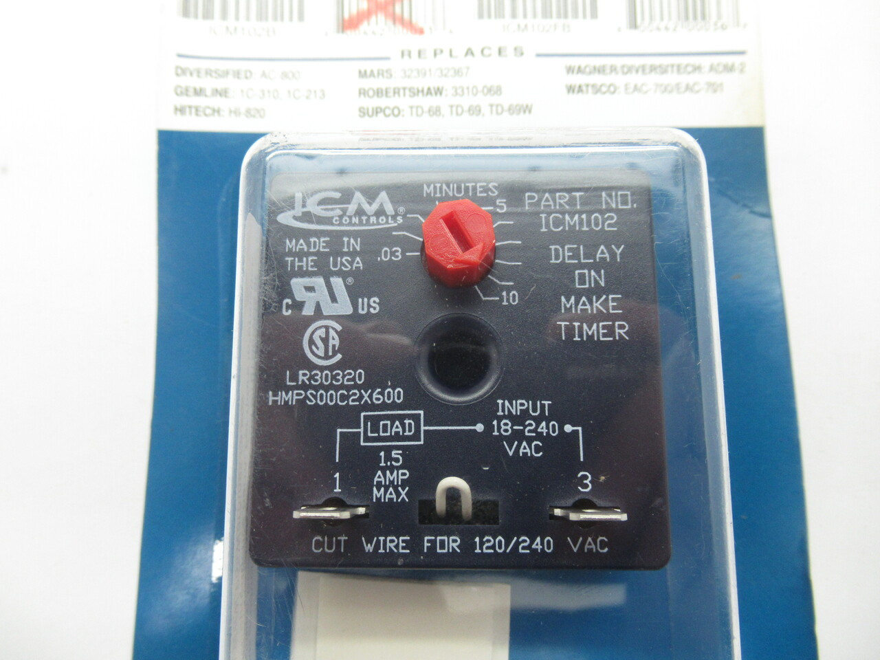 ICM Controls ICM102 Delay On Make Timer 0.03-10 Min 18-240VAC 1.5A 50/60Hz NEW