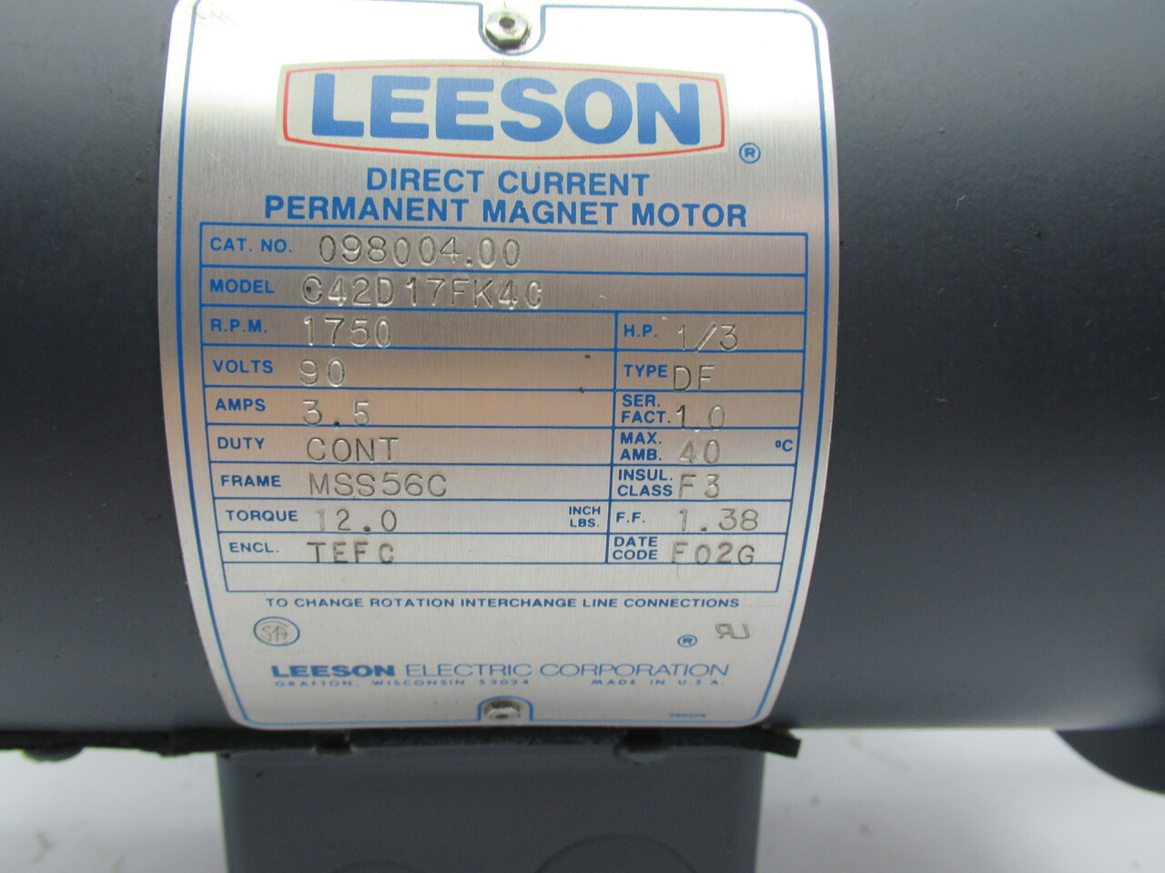 Leeson DC Permanent Magnet Motor 12lb-in 1/3HP 1750RPM 90V MSS56C TEFC 3.5A USED