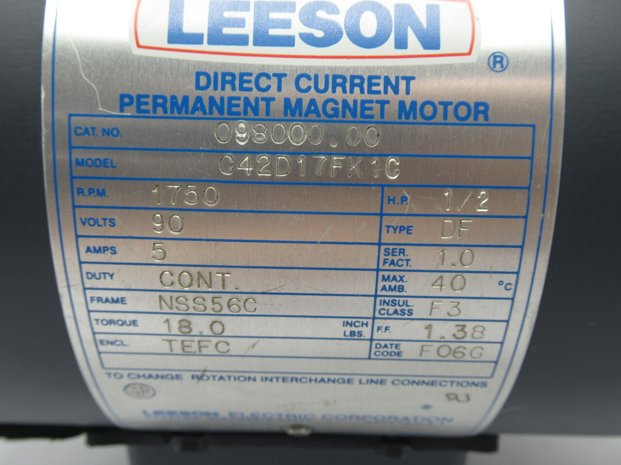 Leeson DC Permanent Magnet Motor 18lb-in 1/2HP 1750RPM 90V COSMETIC DAMAGE USED