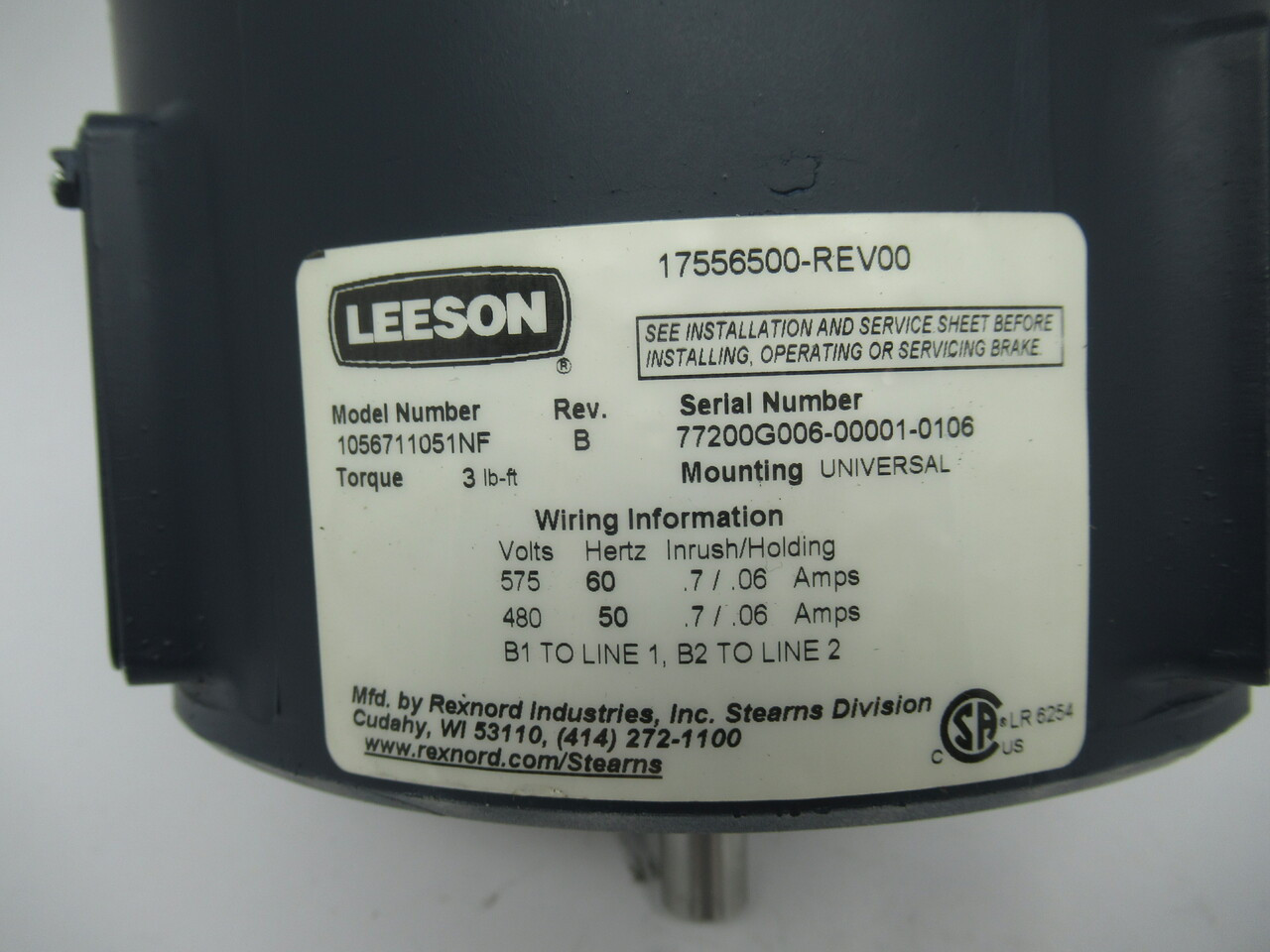 Leeson 175565.00 Dbl C-Face Coupler Brake 3lb-ft 480/575V .7/.06A 50/60Hz USED