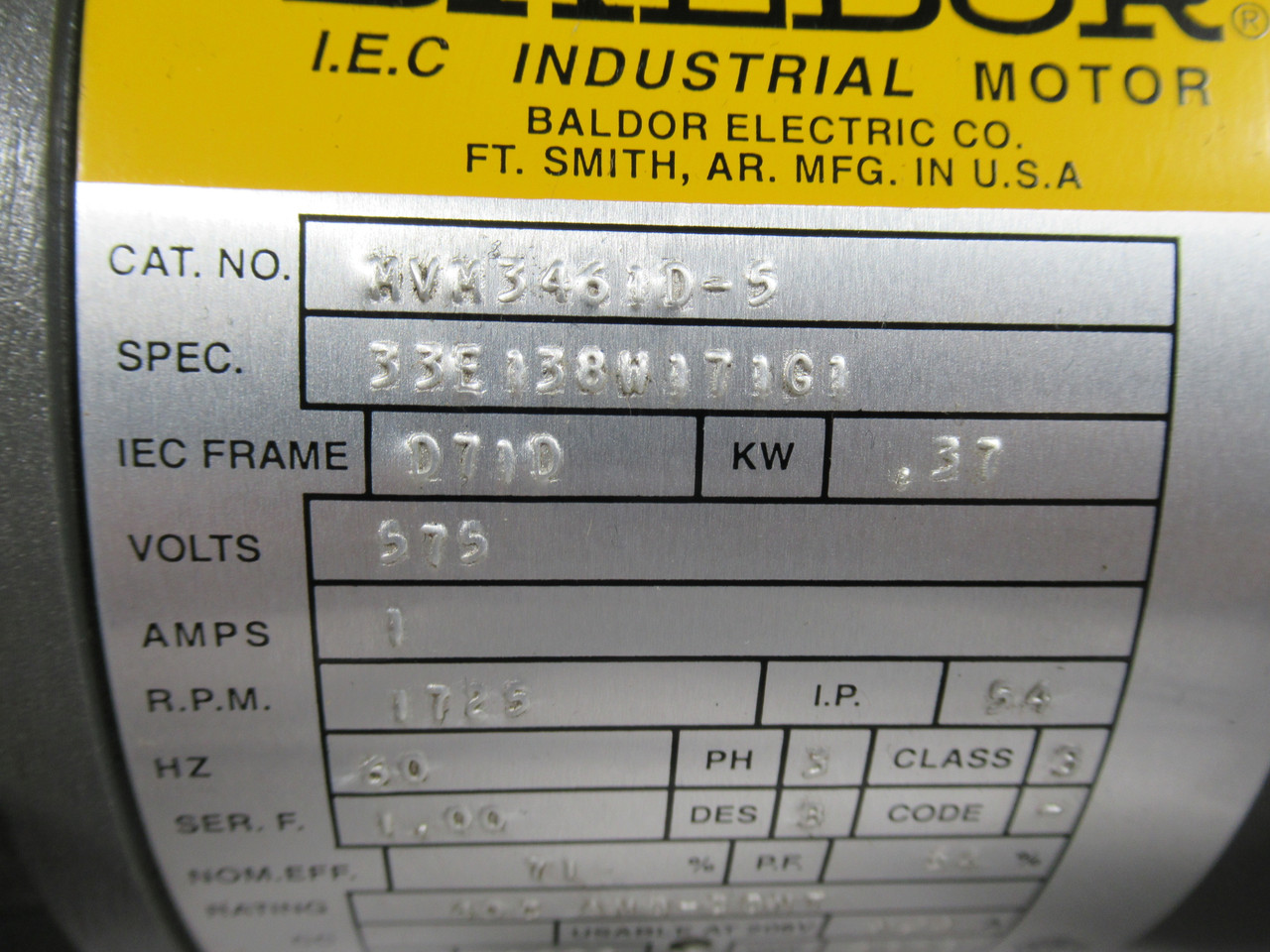 Baldor MVM3461D-5 Motor .37kW 1725RPM 575V D71D 3Ph 1A 60Hz USED