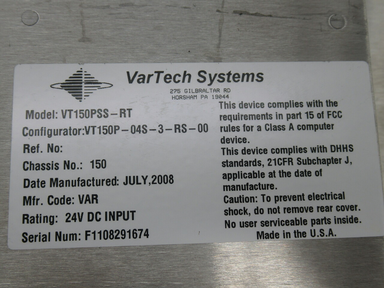 VarTech Systems VT150PSS-RT Touch Screen Panel 24VDC 15" Screen USED