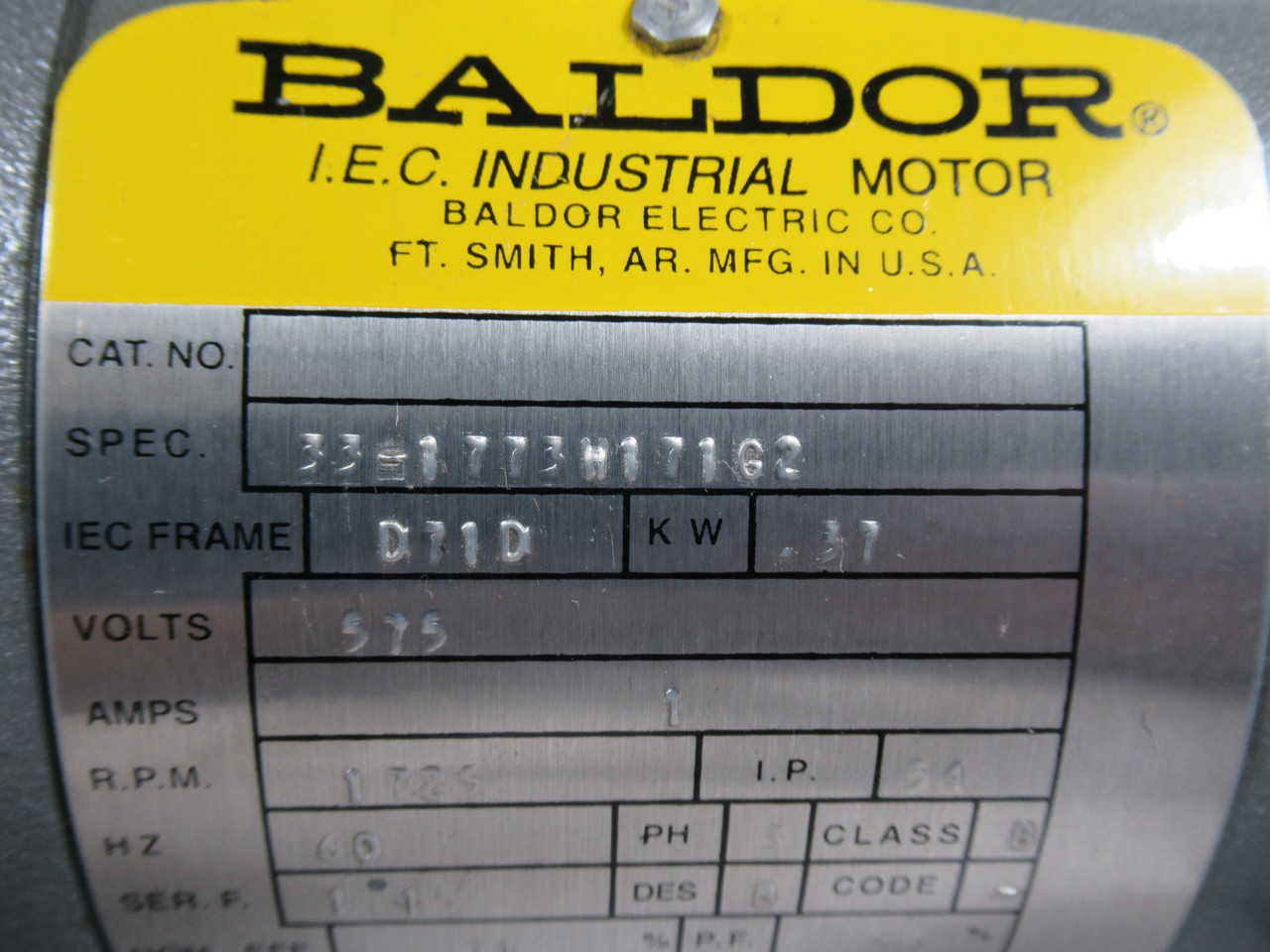 Baldor 33-1773W171G2 Motor .37kW 1725RPM 575V D71D 3Ph 1A 60Hz USED