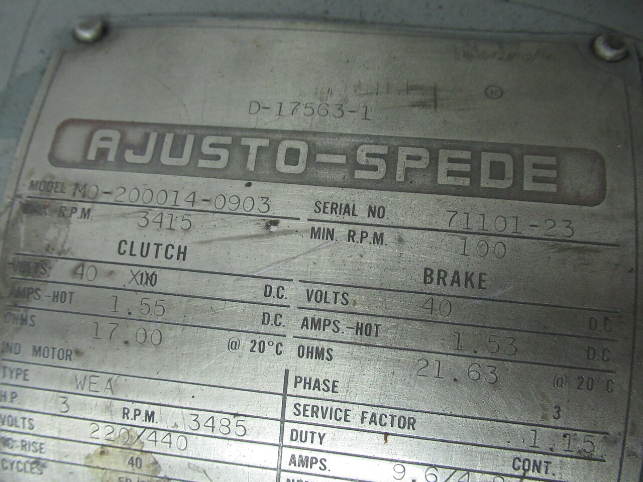 Ajusto Spede Induction Motor 3HP 3485RPM 220/440V WEA C/W Brake & Clutch USED