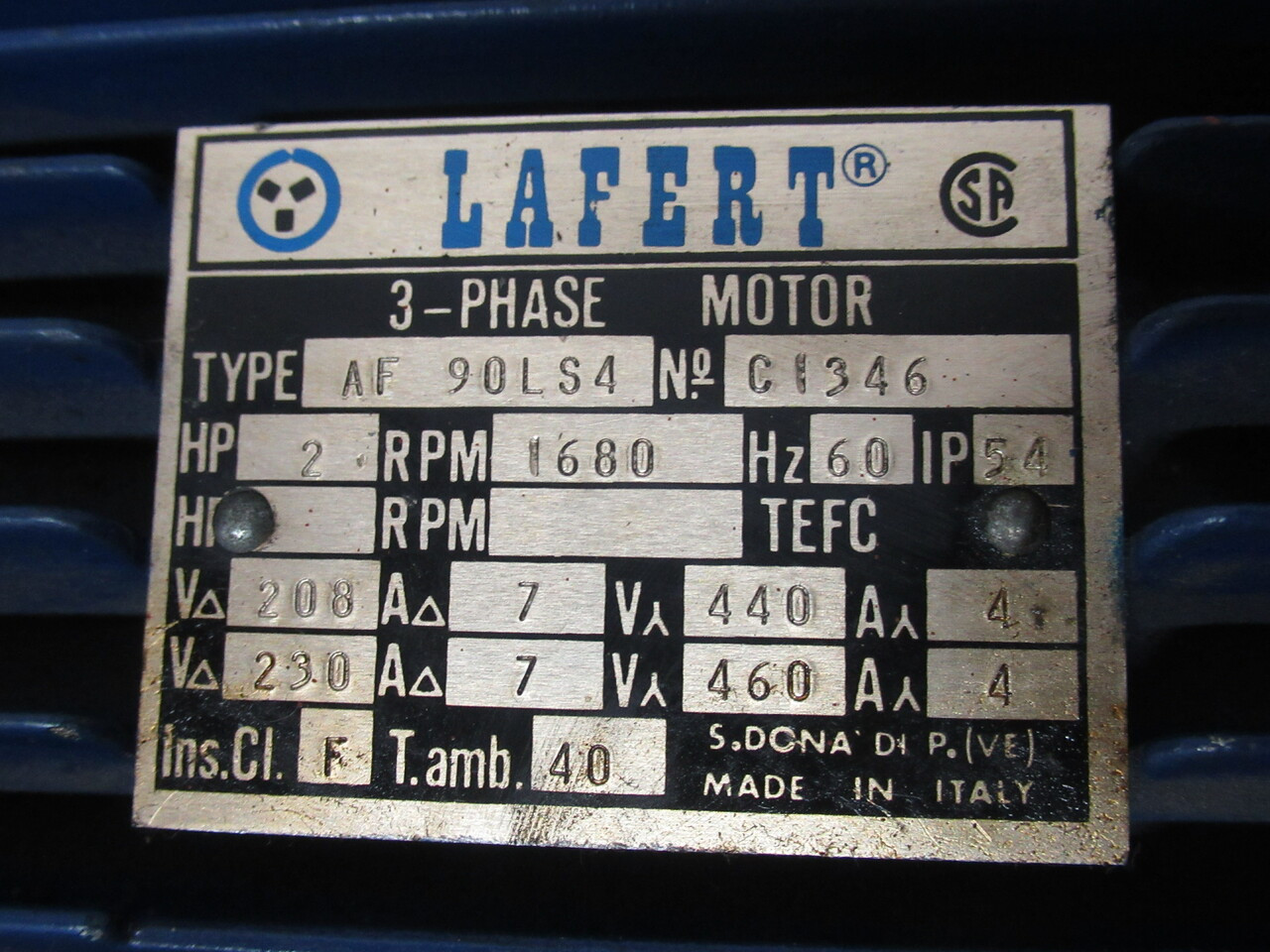 Lafert 2HP 1680RPM 208/230V TEFC 3Ph 7A 60Hz c/w Gear Reducer & Brake USED