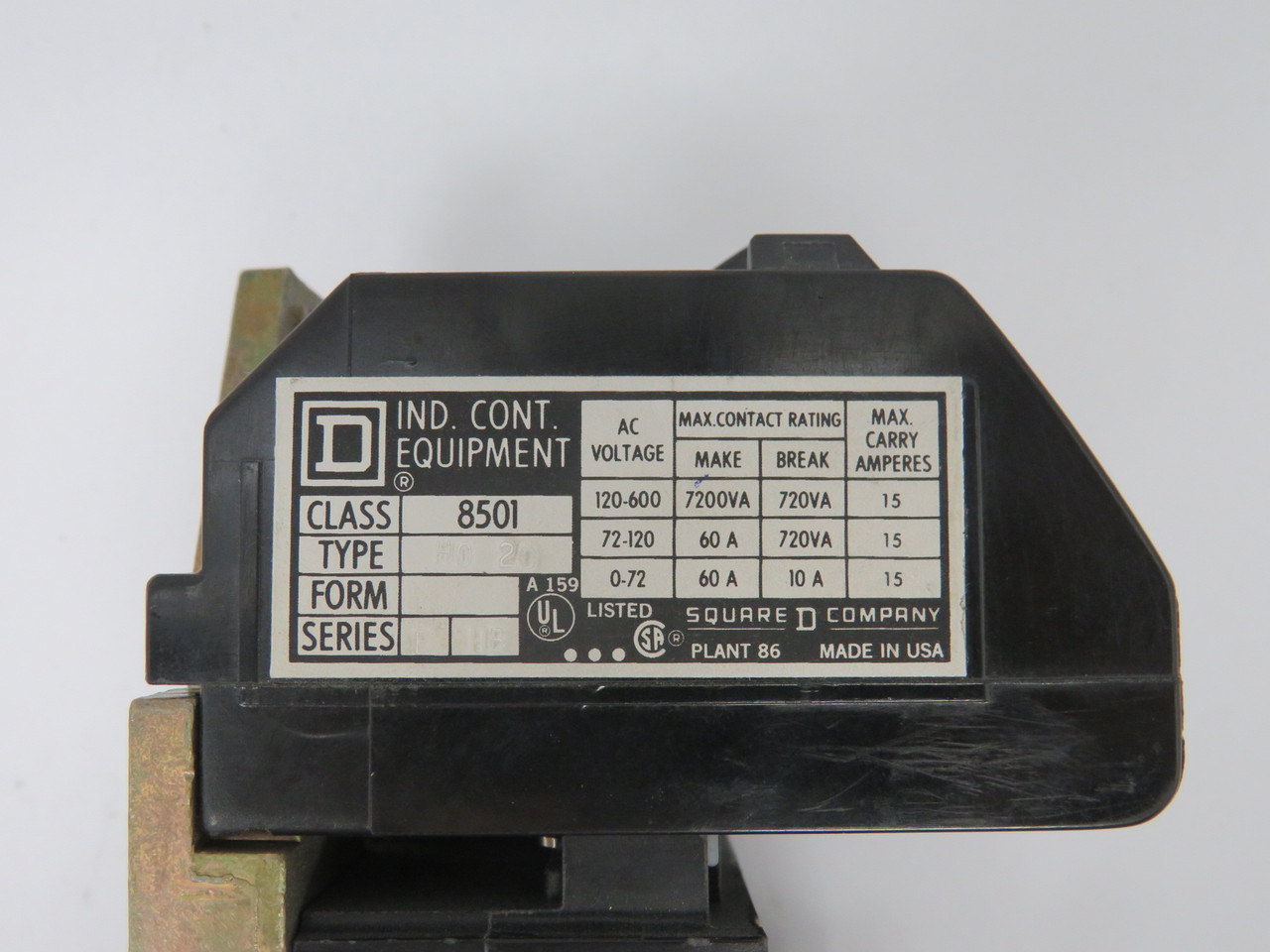 Square D 8501-H020 Control Relay 110/120V 60A 50/60Hz USED
