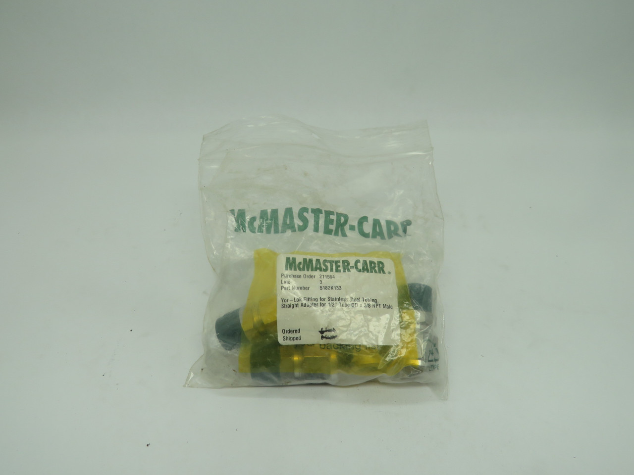 McMaster-Carr 5182K133 Yor-Lok Adapter Fitting 1/2" 3/8 Tube Male 5-Pack NWB