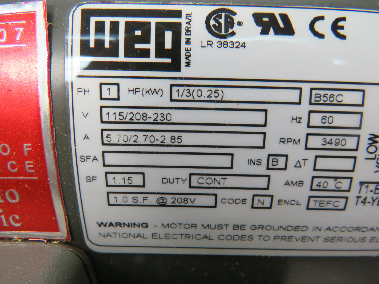 WEG 1/3HP 0.25kW 3490RPM 115/208-230V B56C TEFC 1Ph 5.70/2.70-2.85A 60Hz NEW