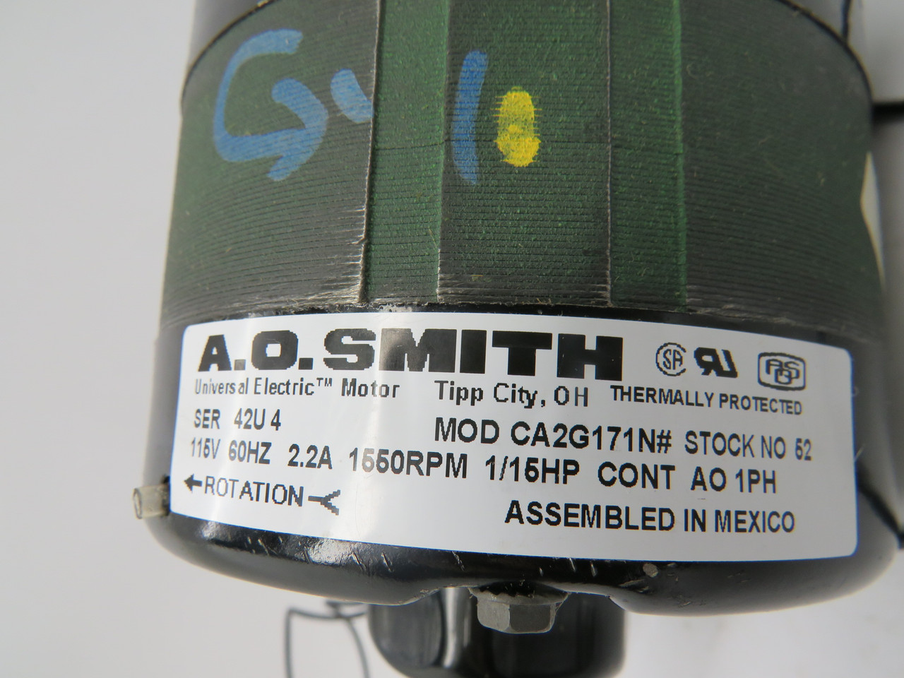 A.O. Smith 52 CA2G171N Motor 1/15HP 1550RPM 115V AO 1Ph 2.2A 60Hz NEW