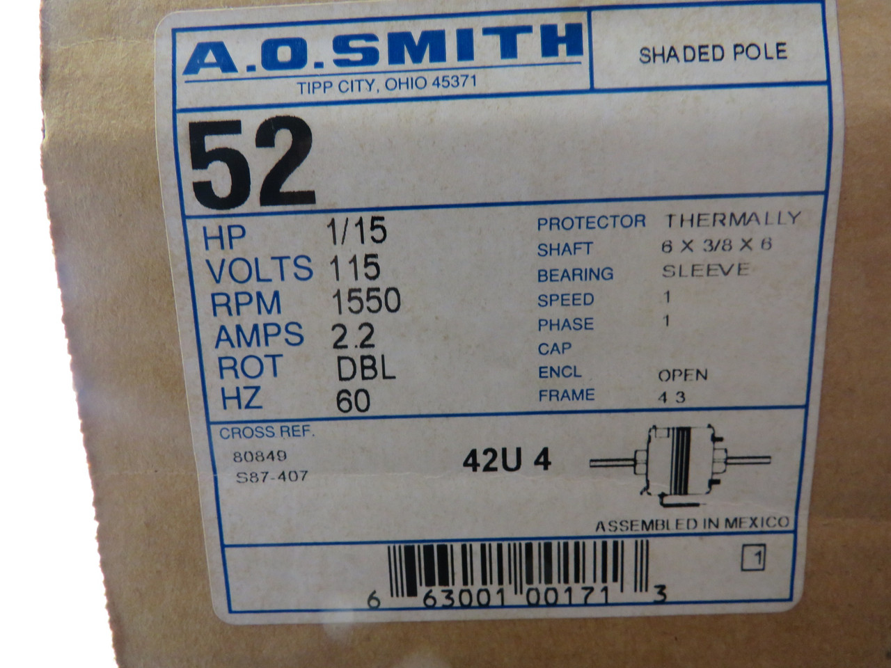 A.O. Smith 52 CA2G171N Motor 1/15HP 1550RPM 115V AO 1Ph 2.2A 60Hz NEW