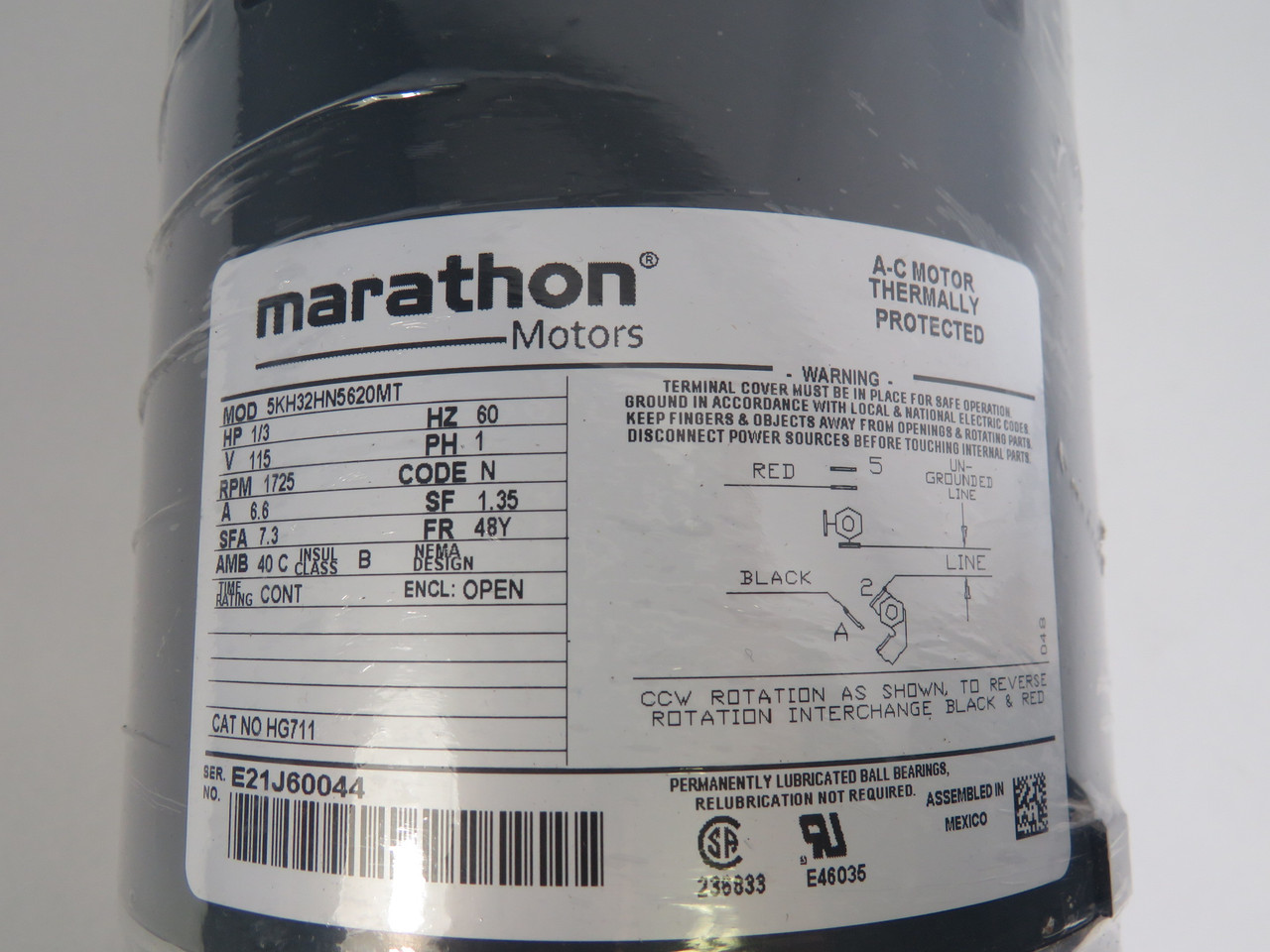 Marathon Motors 5KH32HN5620MT 1/3HP 1725RPM 115V 48Y OPEN 1PH 6.6A 60HZ NOP