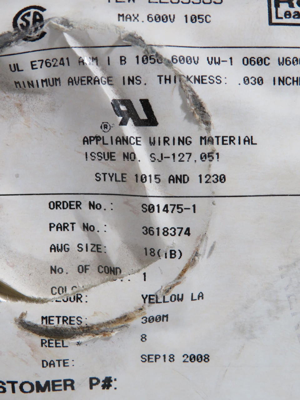 Generic 3618374 Wire Spool 600V .030" Thick YELLOW NEW