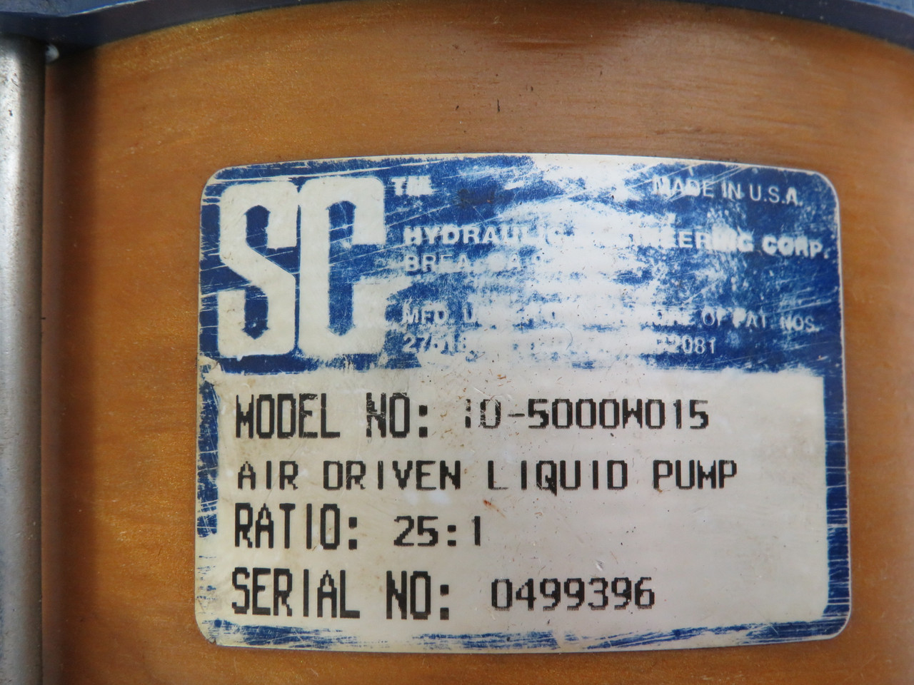 SC Hydraulic 10-5000W015 10-5 Series Air Driven Liquid Pump 25:1 Ratio USED