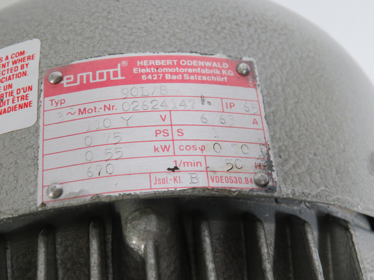 Herbert Odenwald Motor .55kW 670 1/min 110Y 3Ph 6.63A 50Hz .75PS 1S .70cos NOP