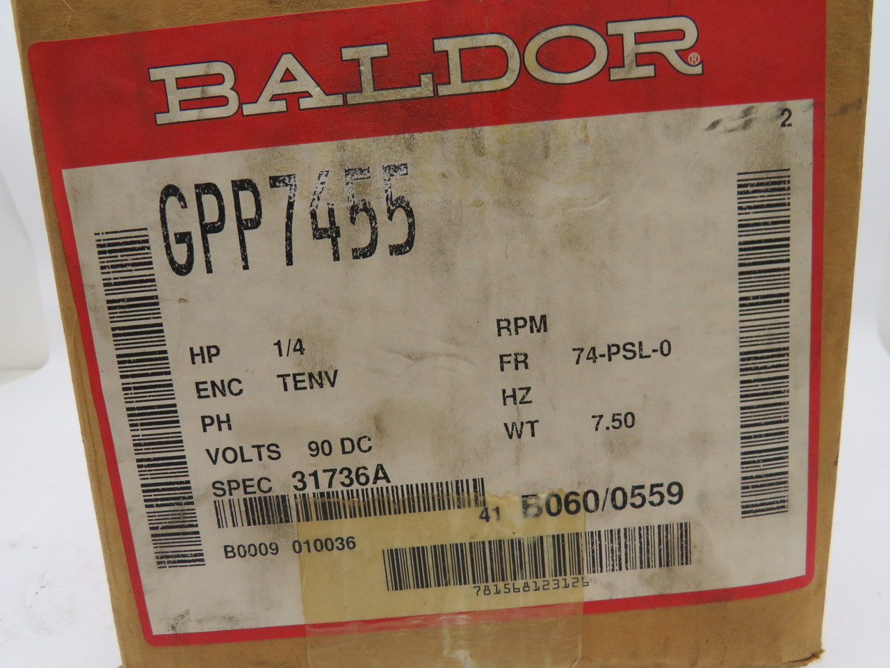 Baldor Gearmotor GPP7455 1/4HP 62RPM 90VDC 74-PSL-0 TENV 2.4A 40:1 Ratio NEW