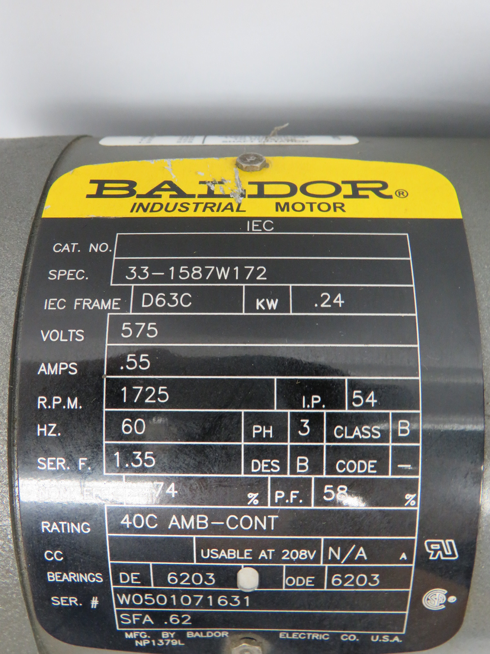 Baldor 33-1587W172 0.24kW 1725RPM 575V 3Ph 0.55A 60Hz USED