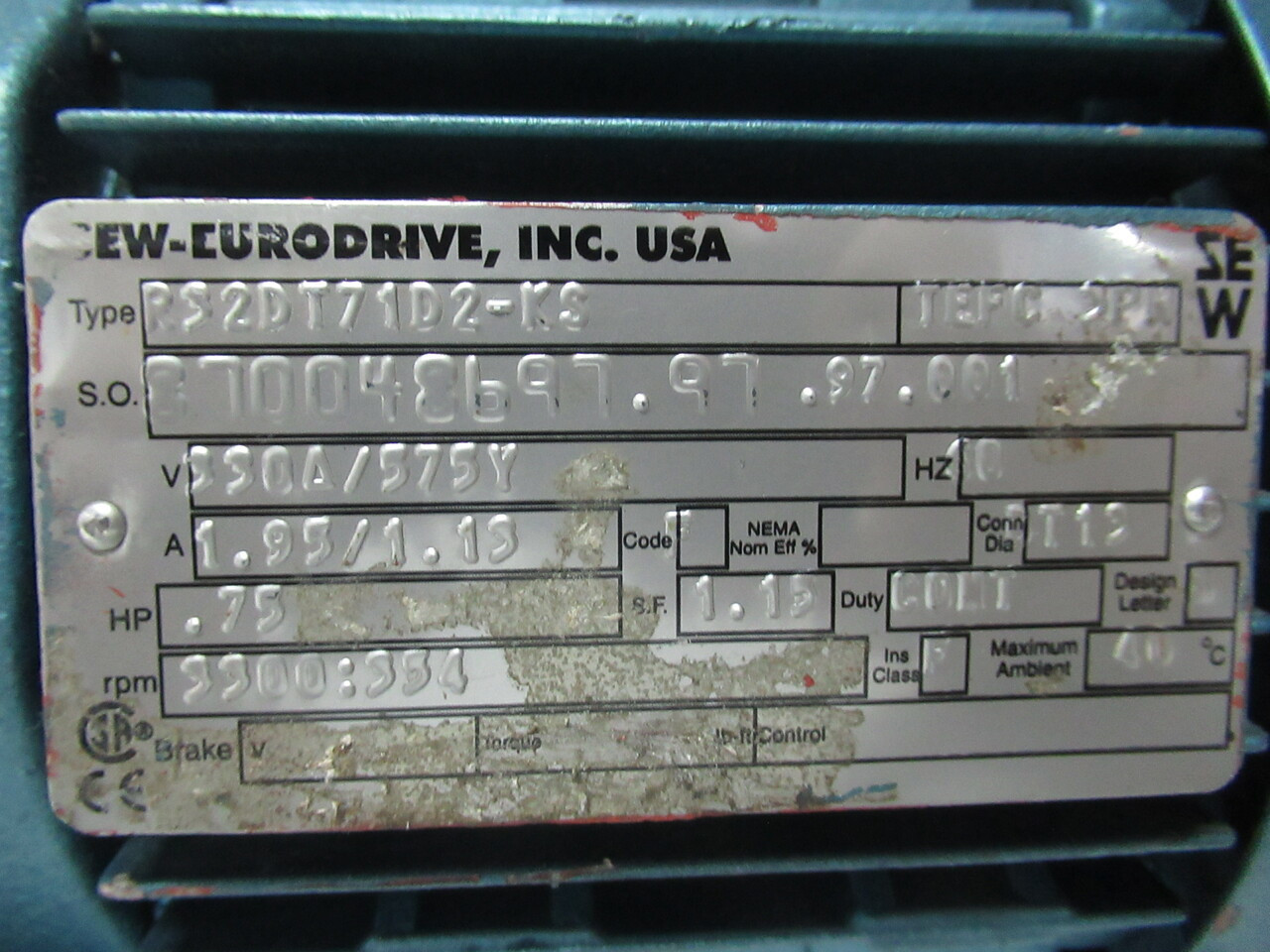 Sew-Eurodrive 0.75HP 3300:354RPM 330D/575Y TEFC 3Ph 1.95/1.13A 60Hz USED