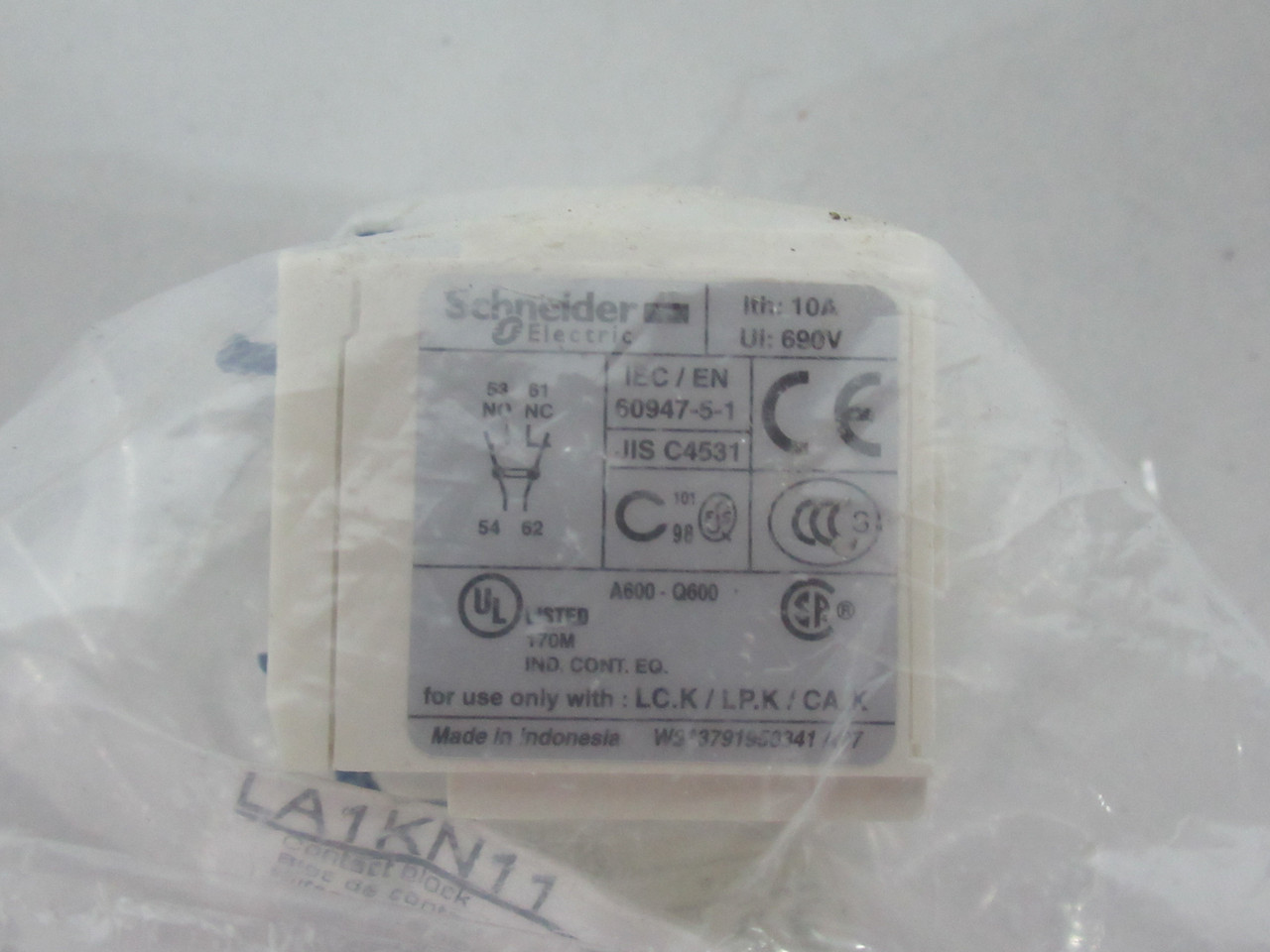 Schneider Electric LA1KN11 Auxiliary Block 1NO 1NC 500V White Base NWB