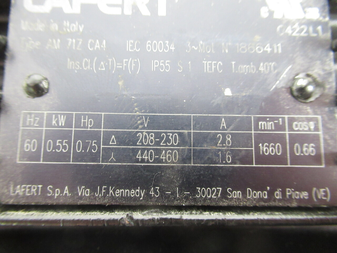 Lafert 0.75HP 1660RPM 208-230/440-460V TEFC 3Ph 2.8/1.6A 60Hz SHELF WEAR NOP