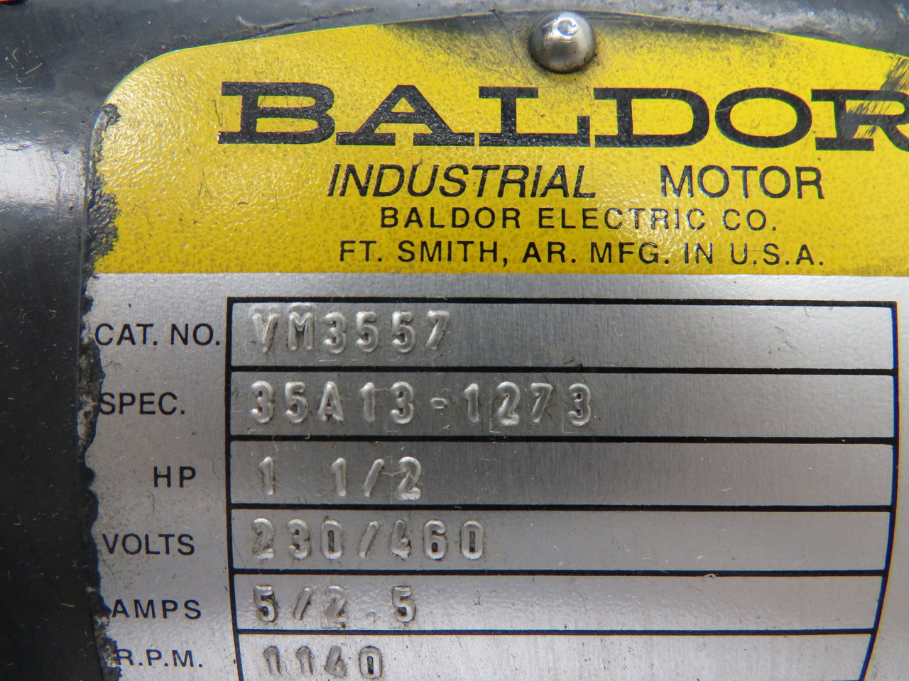 Baldor VM3557 Electric Motor 1-1/2HP 1140RPM 230/460V 3Ph 5/2.5A 60Hz USED
