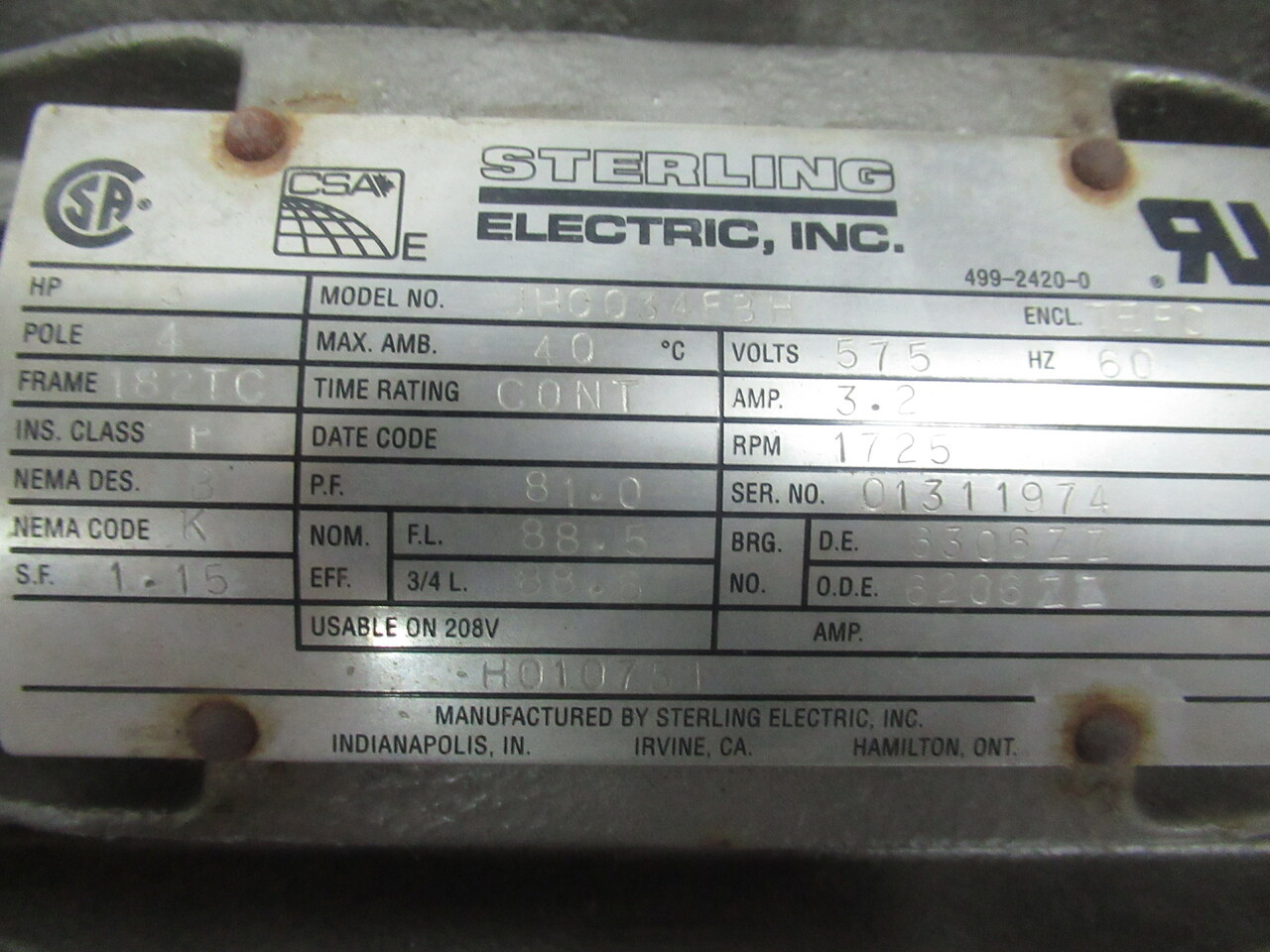 Sterling Electric 3HP 1725RPM 575V 182TC TEFC 3.2A 60Hz CUSTOM SHAFT USED