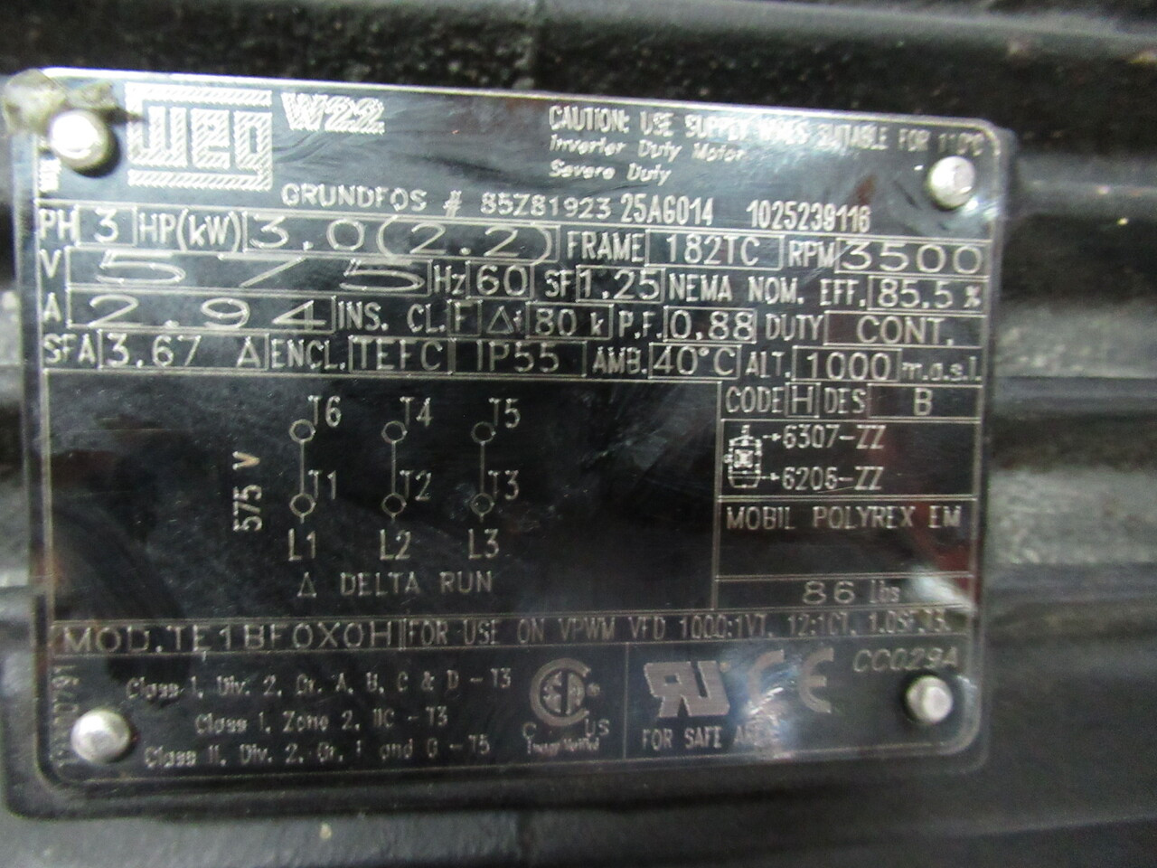 WEG W22 3.0HP 2.2kW 3500RPM 575V 182TC TEFC 3Ph 2.94A 60Hz USED