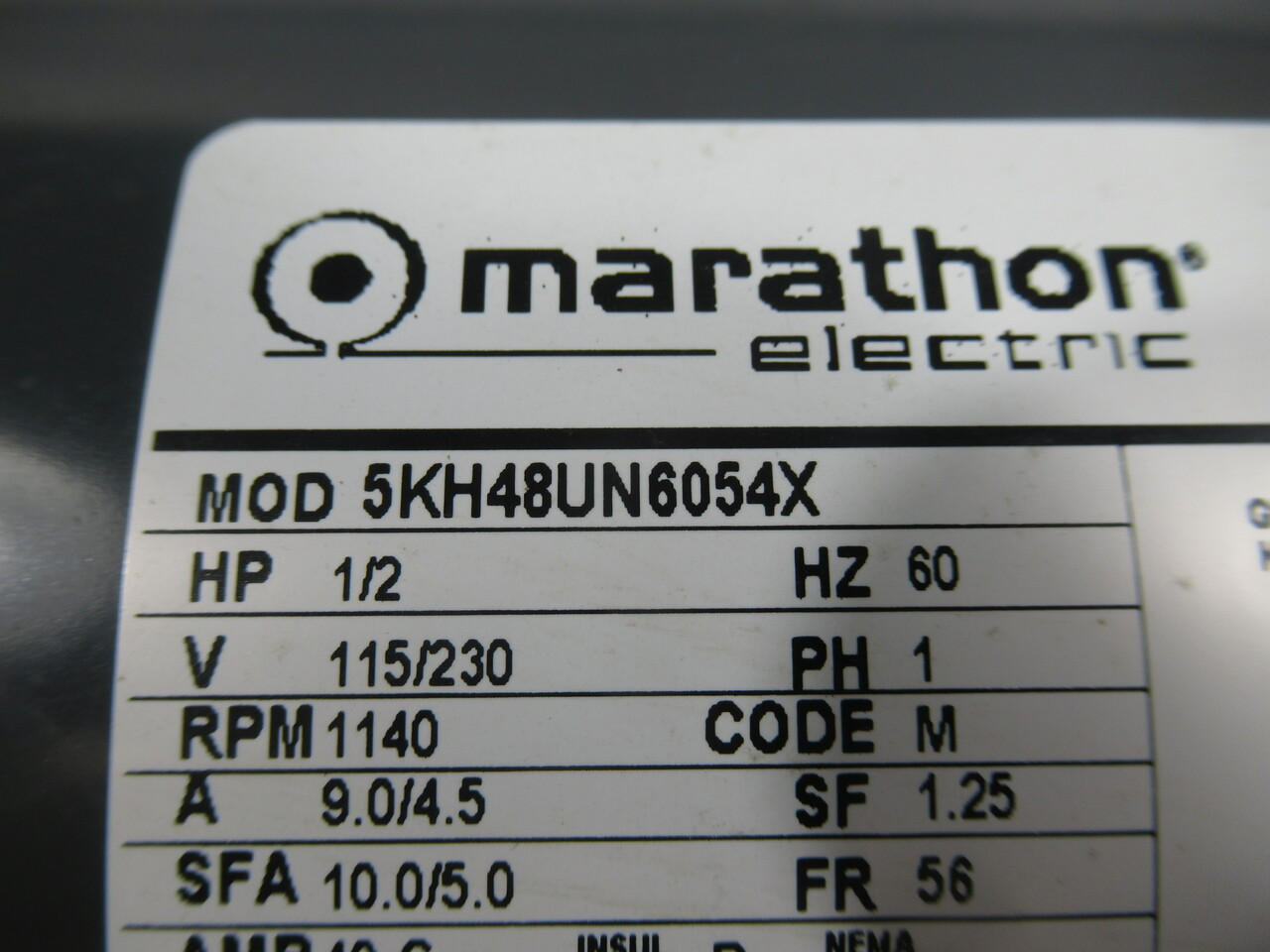 Marathon Electric 1/2HP 1140RPM 115/230V 56 1Ph 9.0/4.5A 60Hz NOP