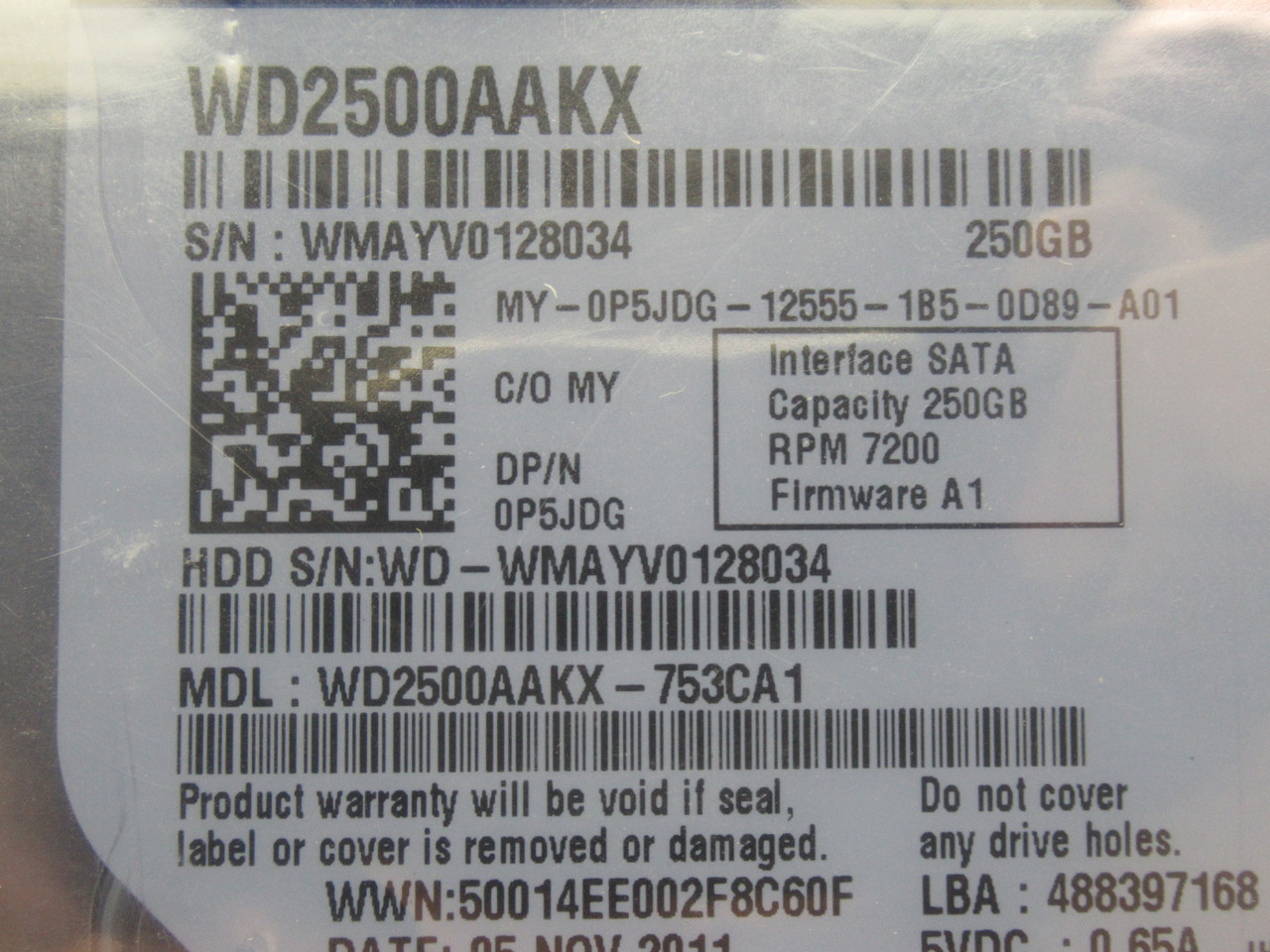 Western Digital WD2500AAKX-753CA1 Internal Hard Drive 250GB FW: A1 NOP