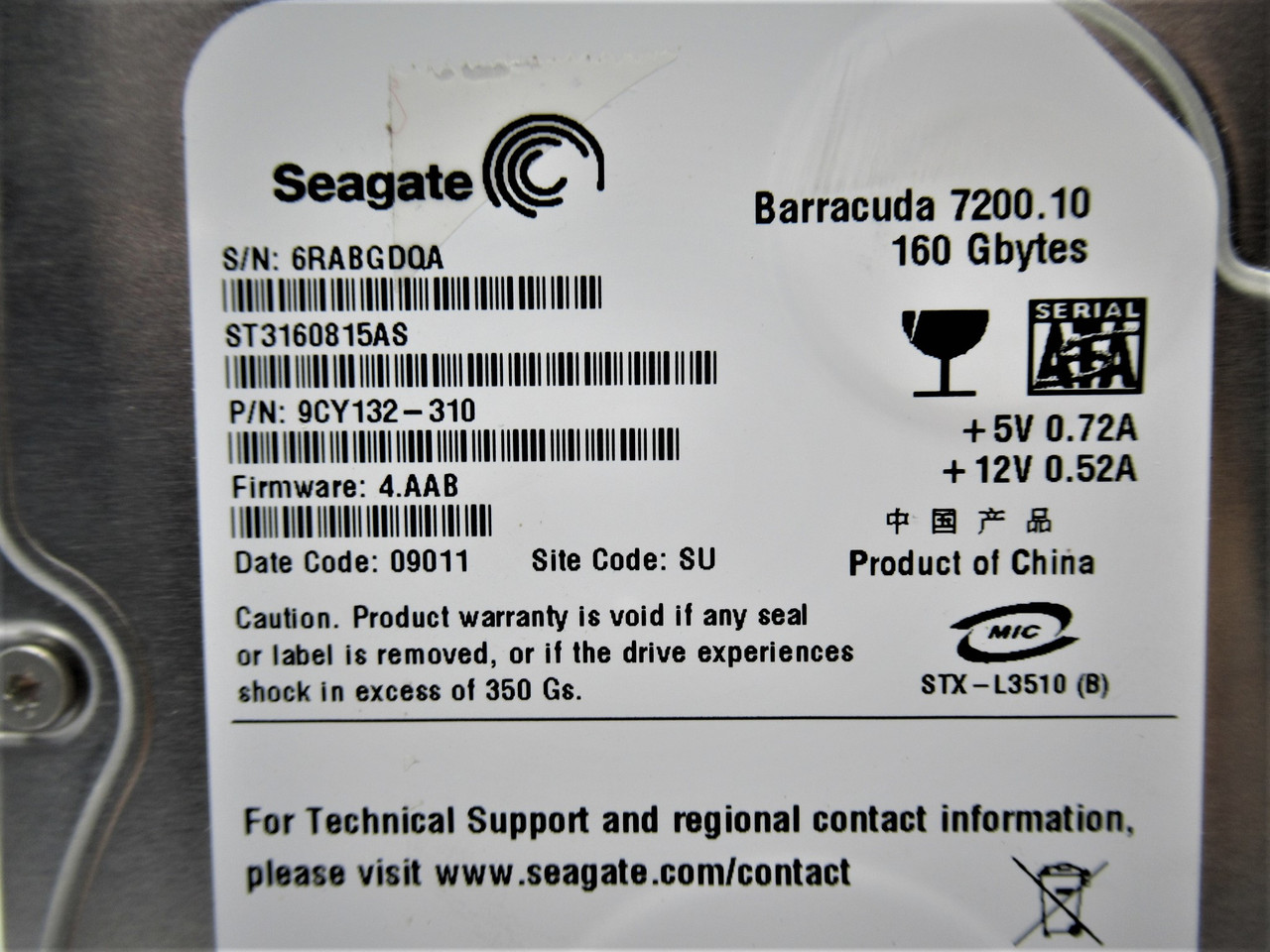Seagate ST3160815AS Internal Hard Drive Barracuda 7200.10 160GB FW: 4.AAB USED