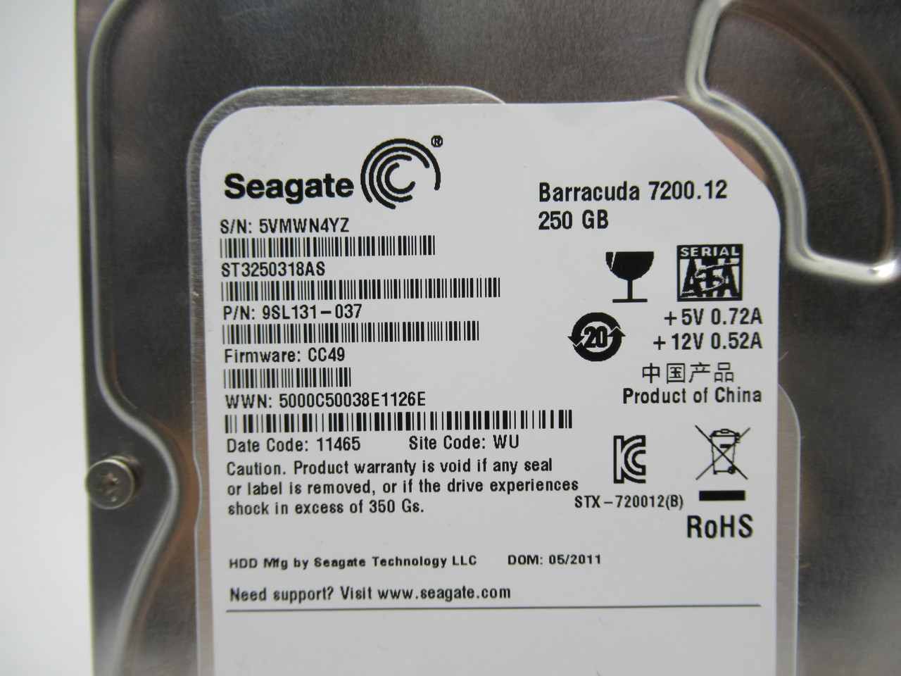 Seagate ST3250318AS Internal Hard Drive Barracuda 7200.12 250GB FW: CC49 USED