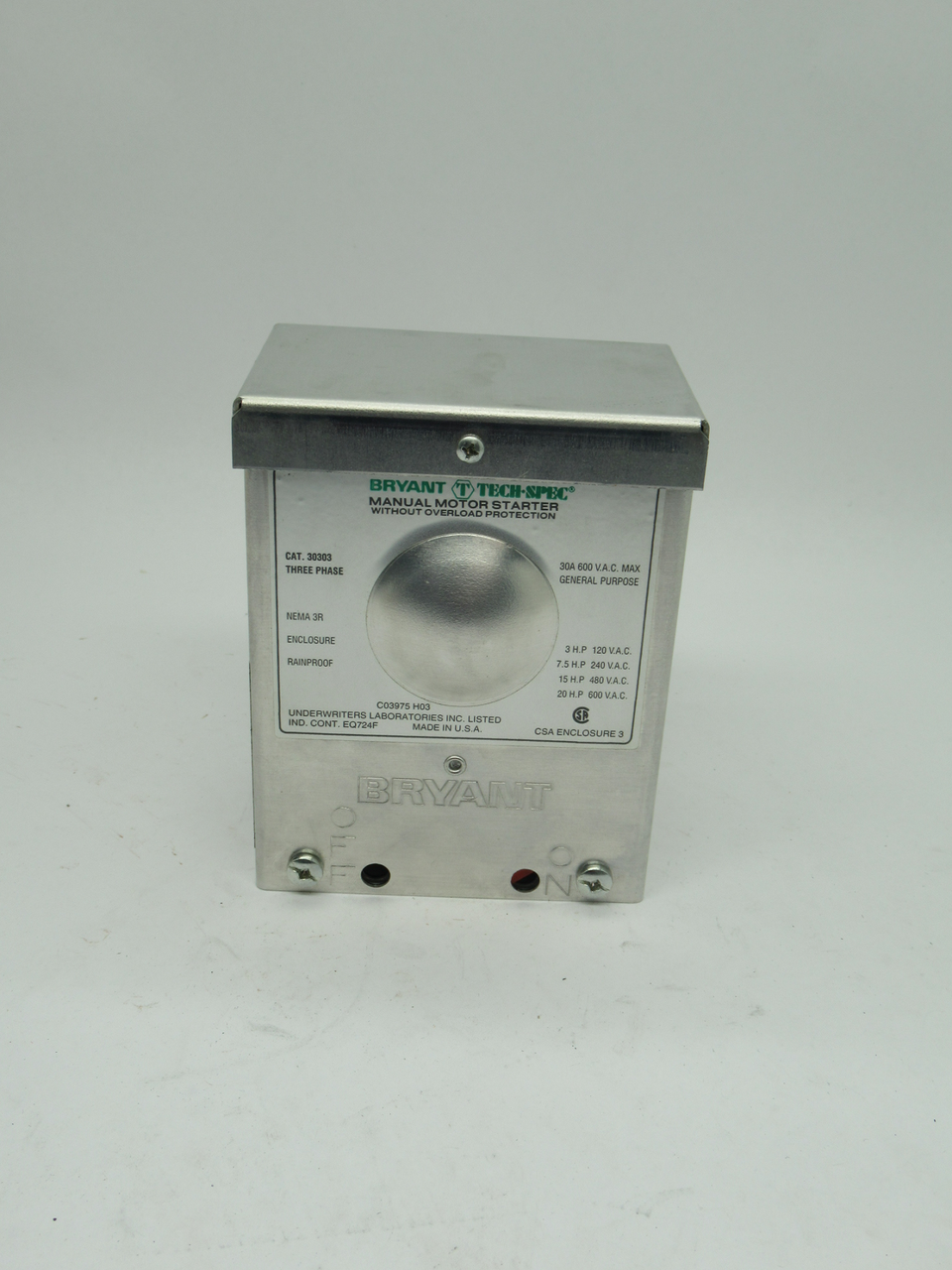 Bryant 30303 Manual Motor Starter W/O Overload Protection 600V 30A 20HP NEW