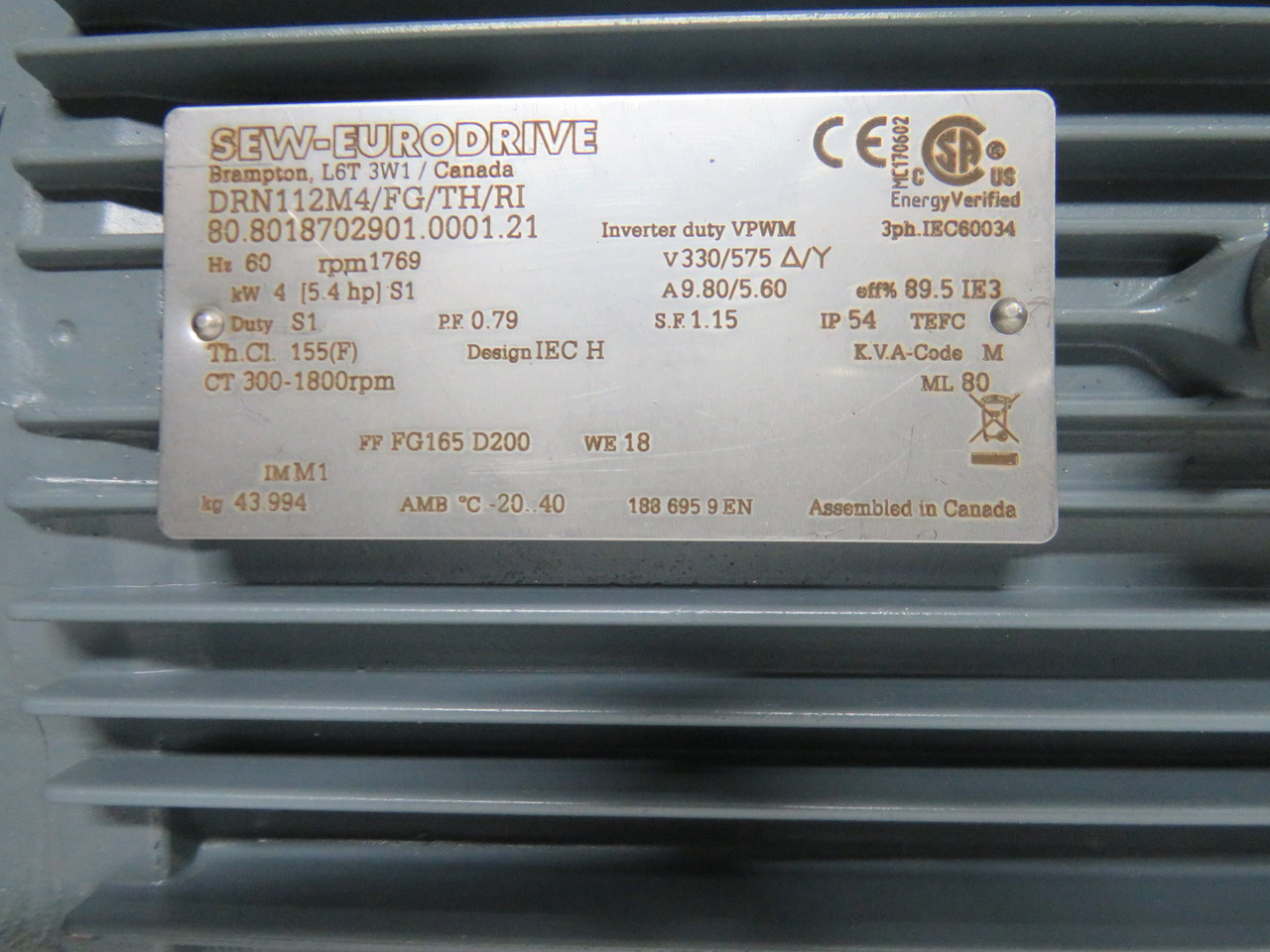 Sew-Eurodrive 4kW 5.4HP 1769RPM 330/575V TEFC 3Ph 9.80/5.60A 60Hz RUST NOP