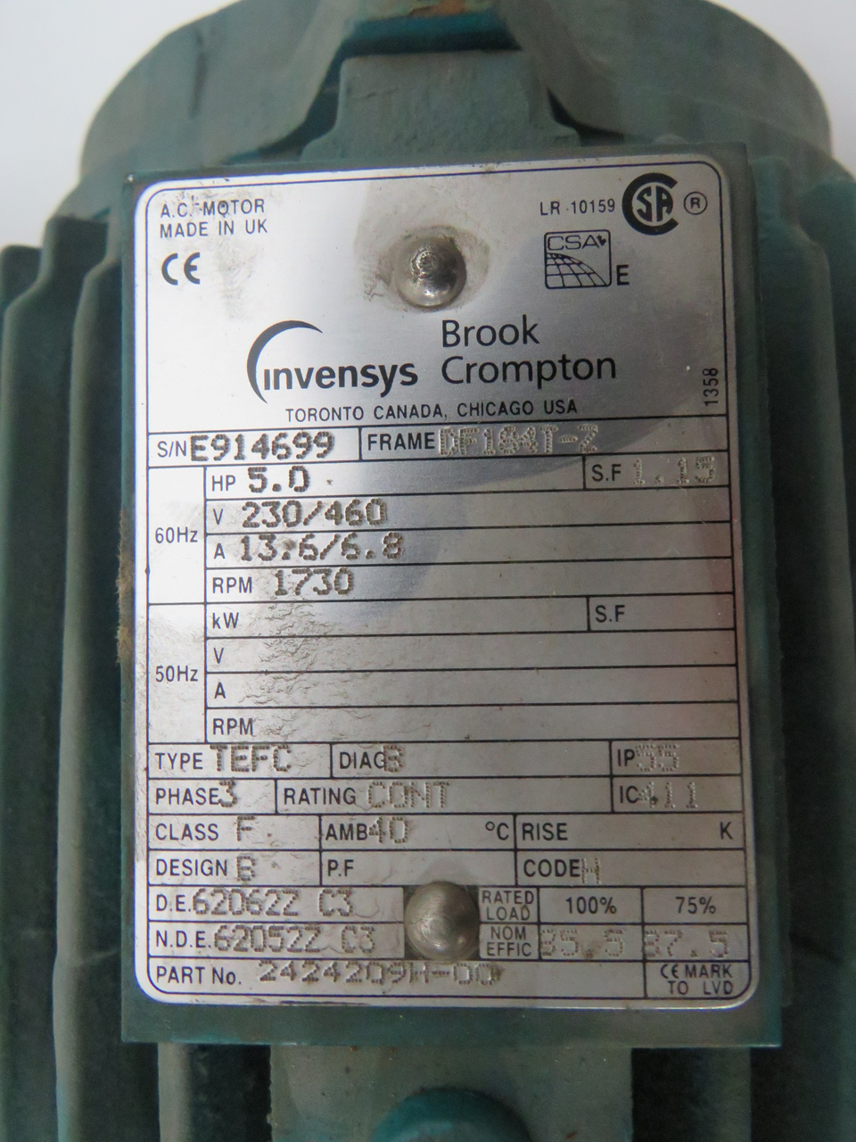 Brook Crompton 5HP 1730RPM 230/460V DF184T-Z TEFC 3Ph 13.6/6.8 60Hz USED