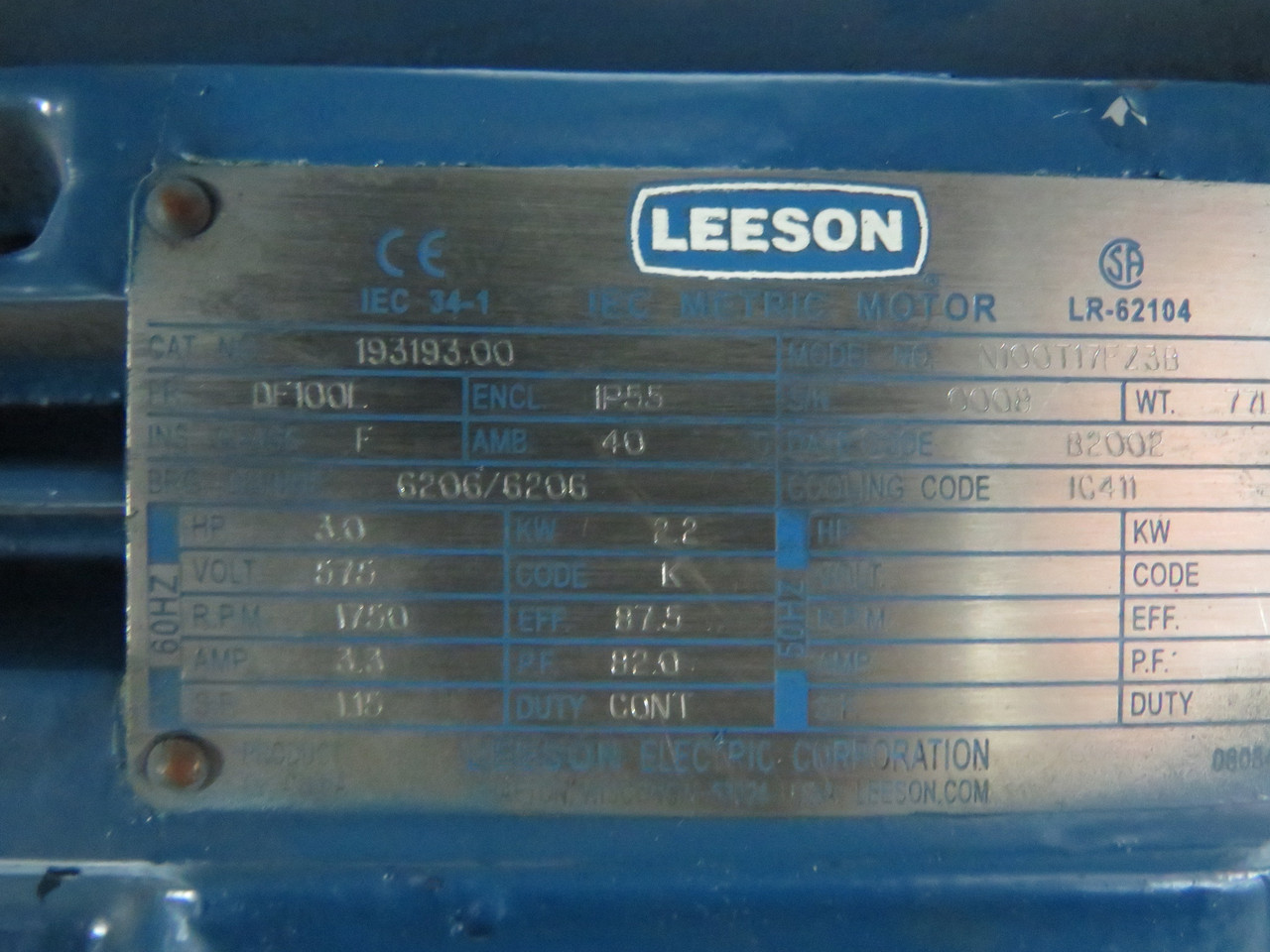 Leeson N100T17FZ3B 3.0HP 1750RPM 575V DF100L Fr IP55 3.3A 60Hz USED