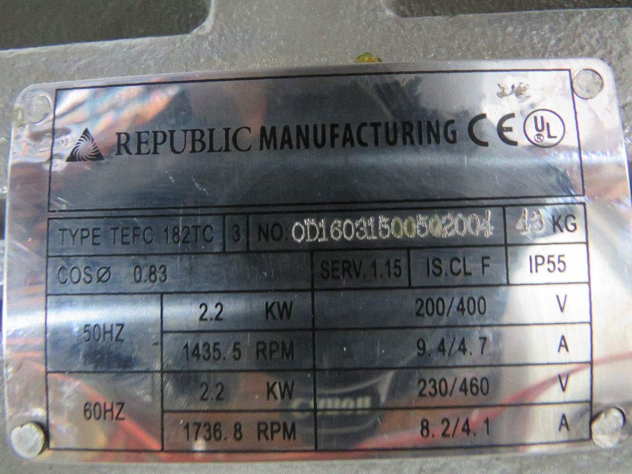Republic Manufacturing 2.2kW 1435.5/1736.8RPM 200/400-230/460V USED