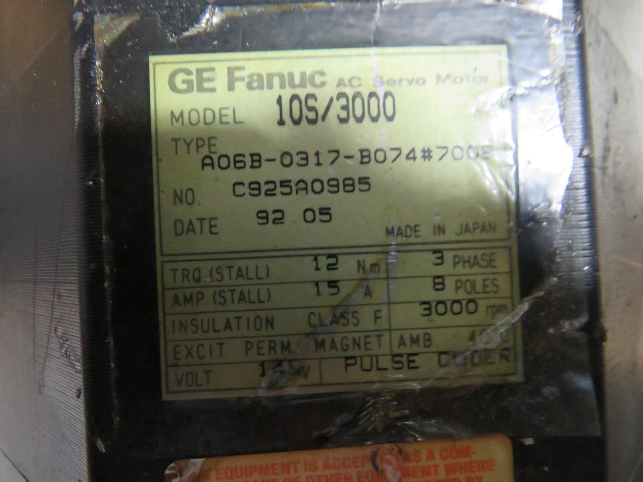 GE Fanuc A06B-0317-B074#7008 AC Servo Motor 3000RPM 145V 12Nm 3PH C/W Gear USED